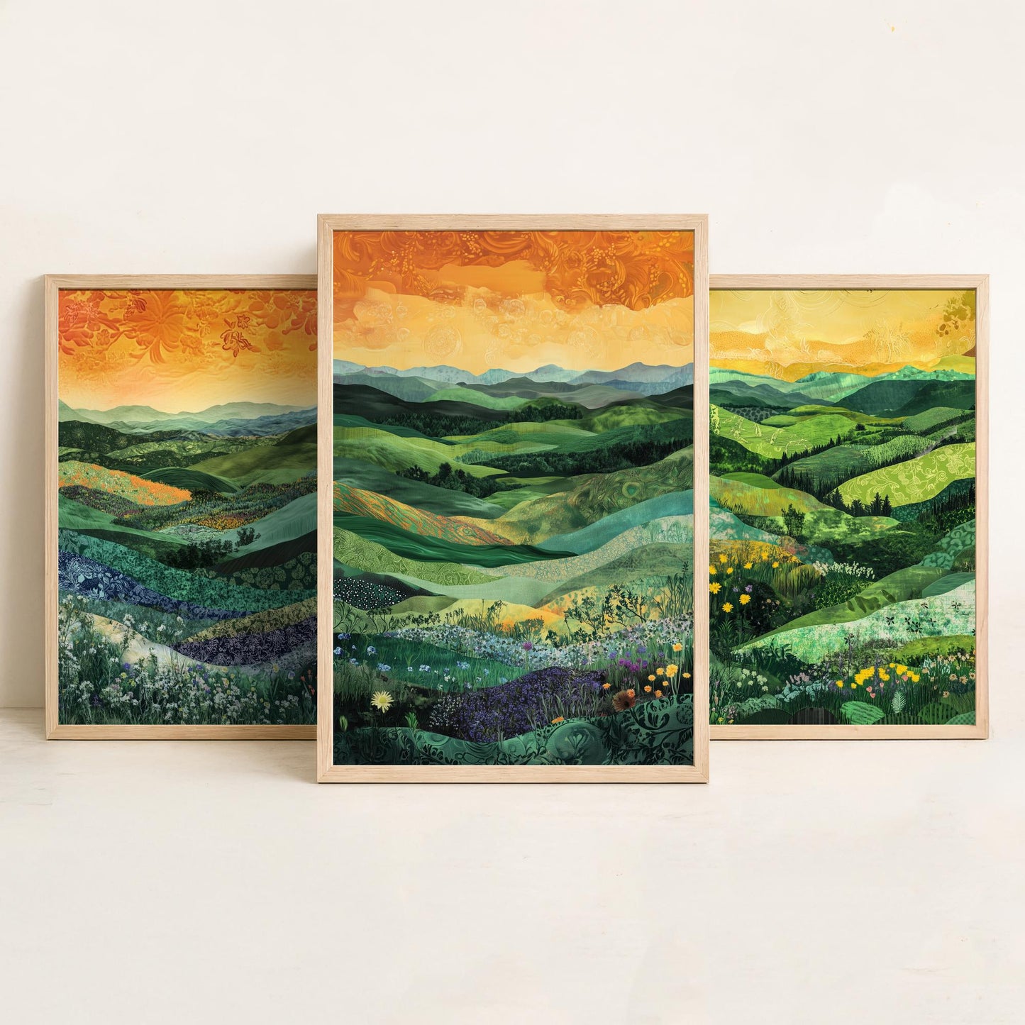 Green Rolling Hills Set of Three Art Prints - Patchwork Meadow Collage - Folk Landscape Poster Illustration Gift