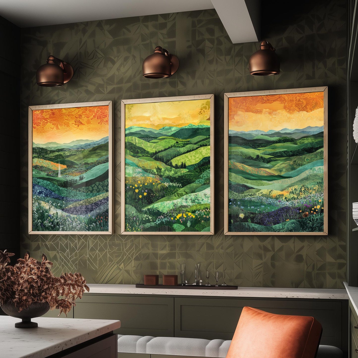 Green Rolling Hills Set of Three Art Prints - Patchwork Meadow Collage - Folk Landscape Poster Illustration Gift