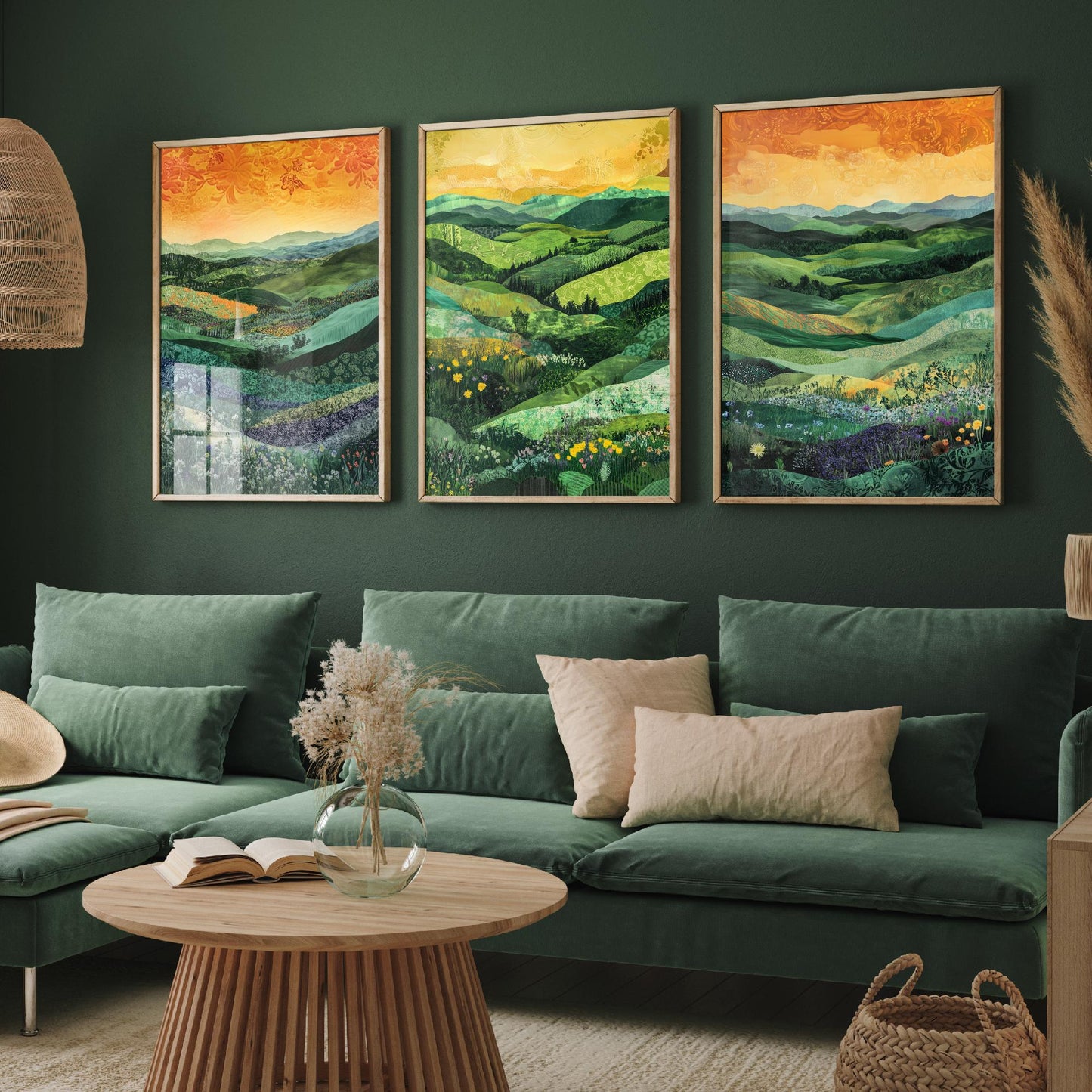 Green Rolling Hills Set of Three Art Prints - Patchwork Meadow Collage - Folk Landscape Poster Illustration Gift
