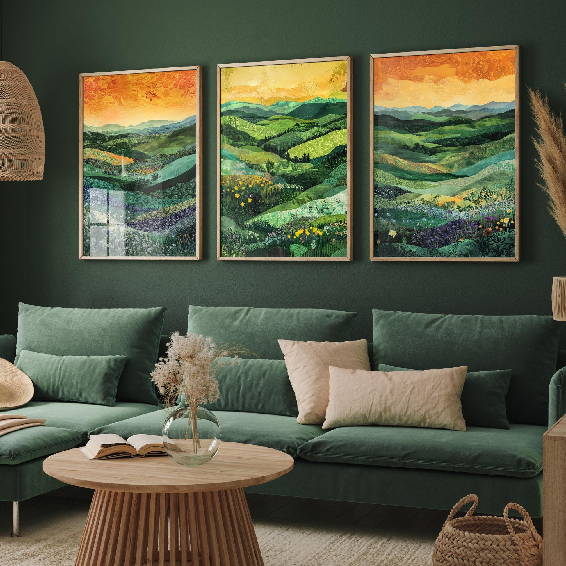 Green Rolling Hills Set of Three Art Prints - Patchwork Meadow Collage - Folk Landscape Poster Illustration Gift