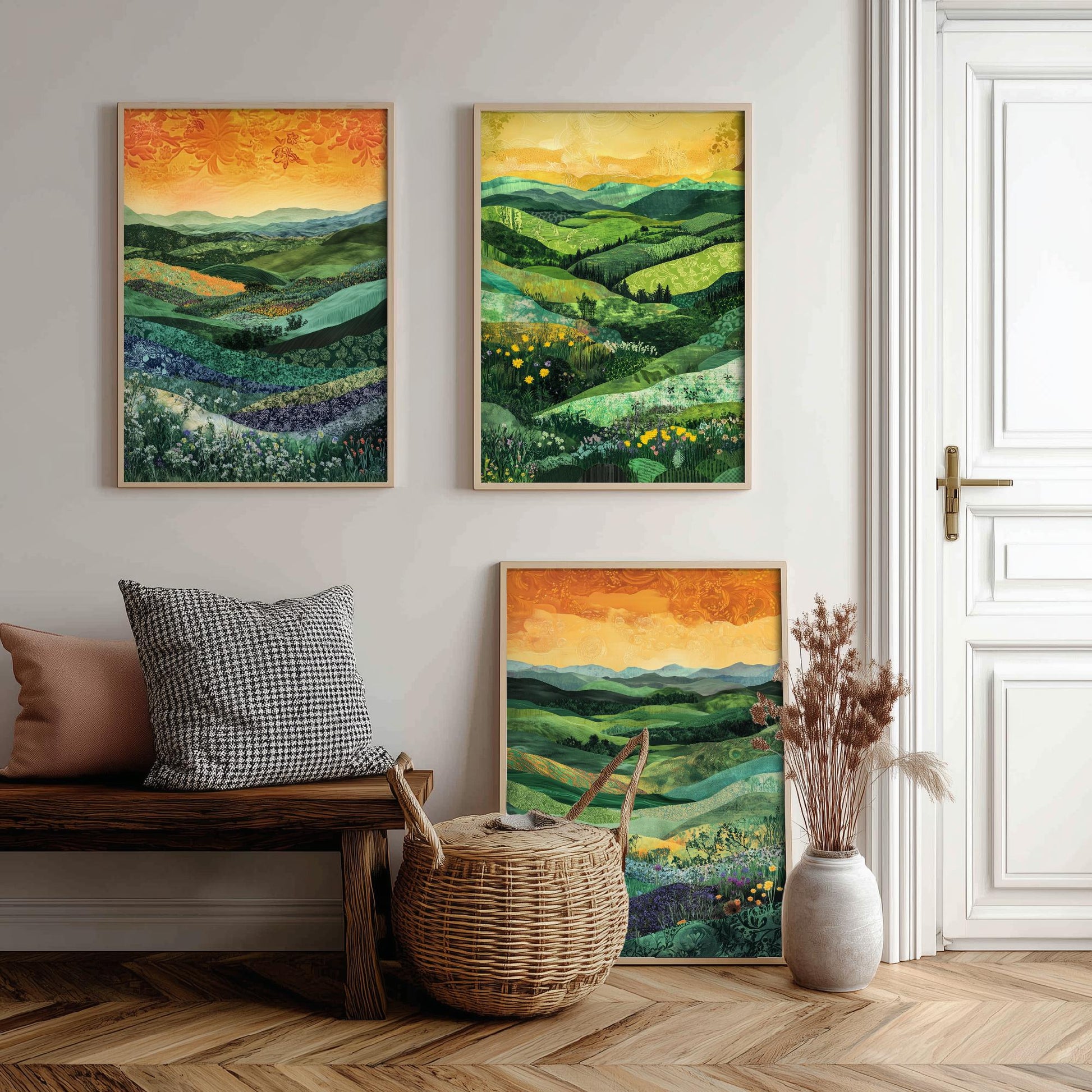 Green Rolling Hills Set of Three Art Prints - Patchwork Meadow Collage - Folk Landscape Poster Illustration Gift