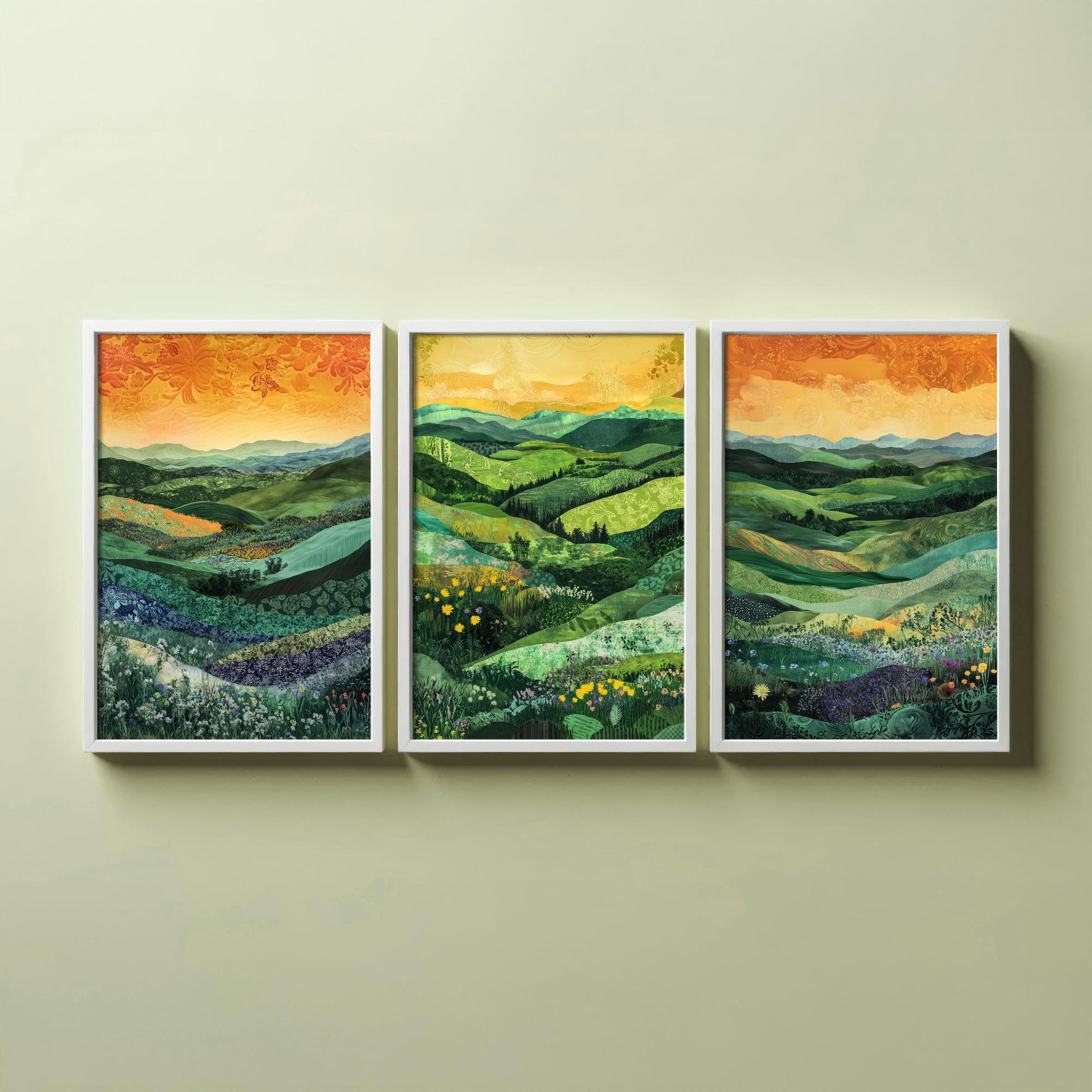Green Rolling Hills Set of Three Art Prints - Patchwork Meadow Collage - Folk Landscape Poster Illustration Gift
