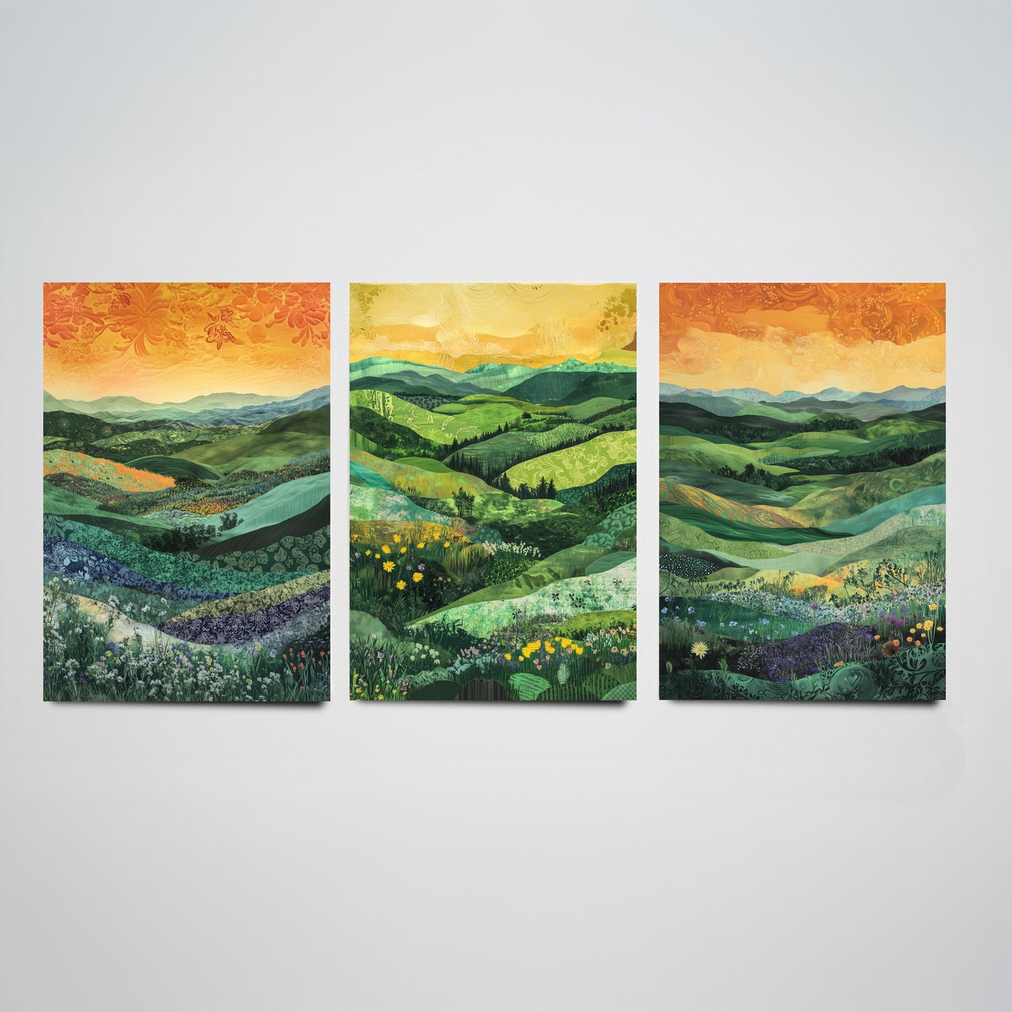 Green Rolling Hills Set of Three Art Prints - Patchwork Meadow Collage - Folk Landscape Poster Illustration Gift