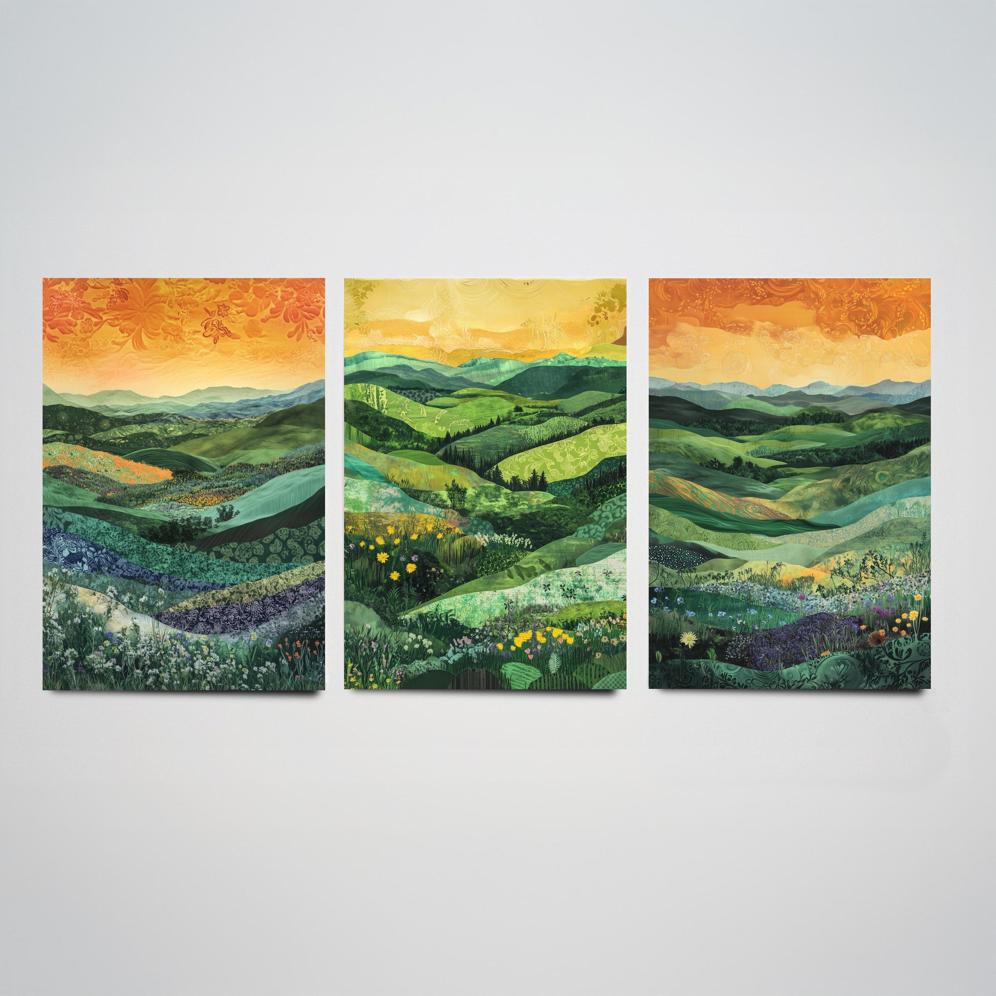 Green Rolling Hills Set of Three Art Prints - Patchwork Meadow Collage - Folk Landscape Poster Illustration Gift