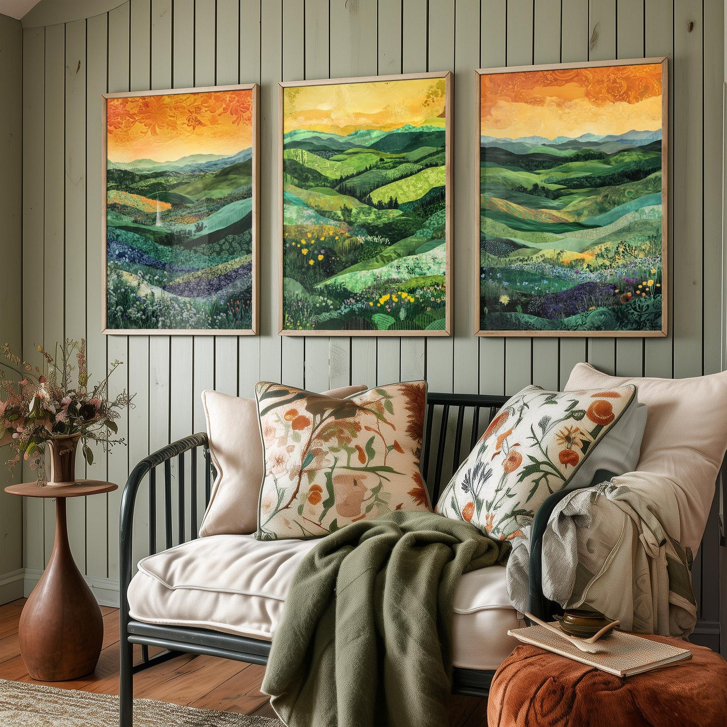 Green Rolling Hills Set of Three Art Prints - Patchwork Meadow Collage - Folk Landscape Poster Illustration Gift