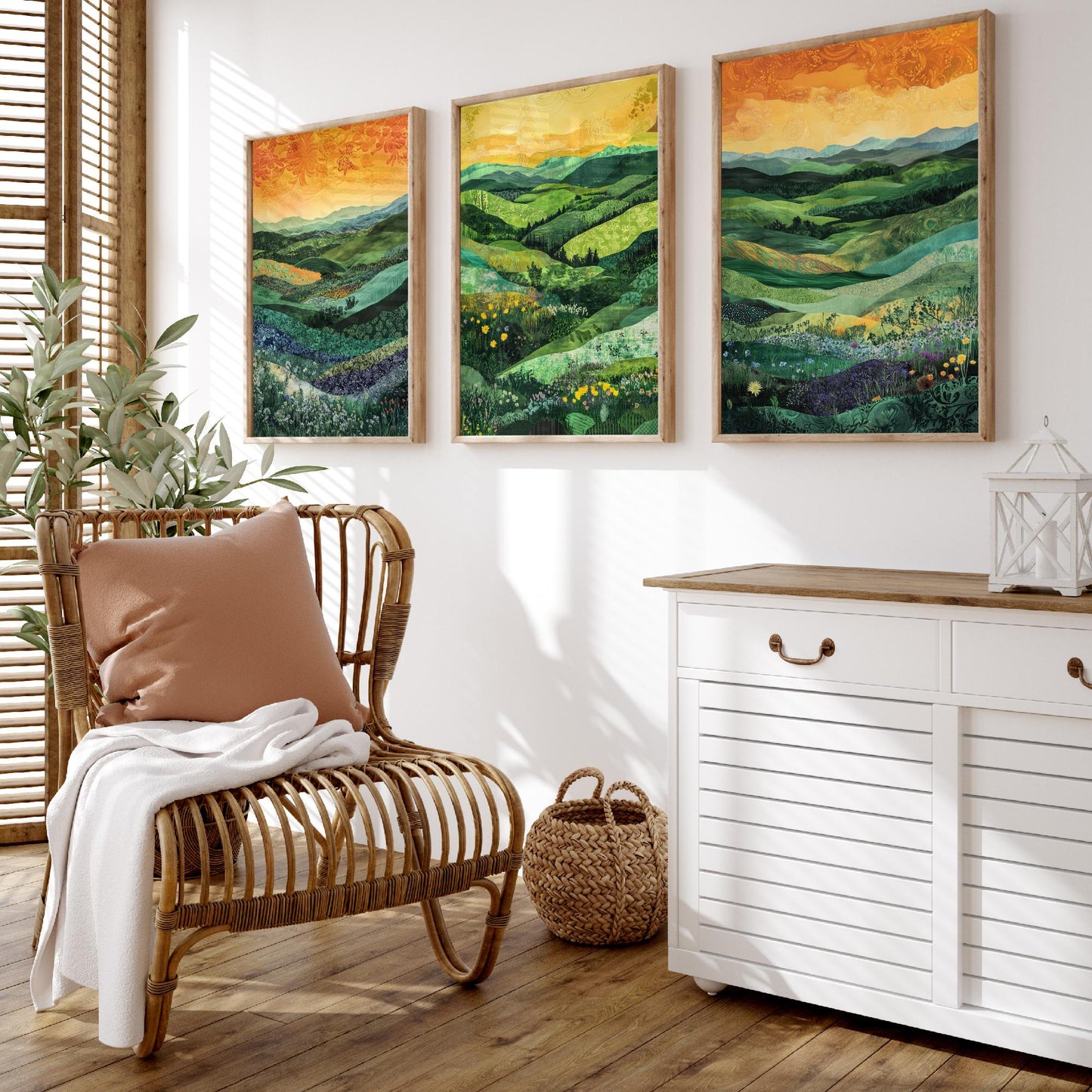 Green Rolling Hills Set of Three Art Prints - Patchwork Meadow Collage - Folk Landscape Poster Illustration Gift