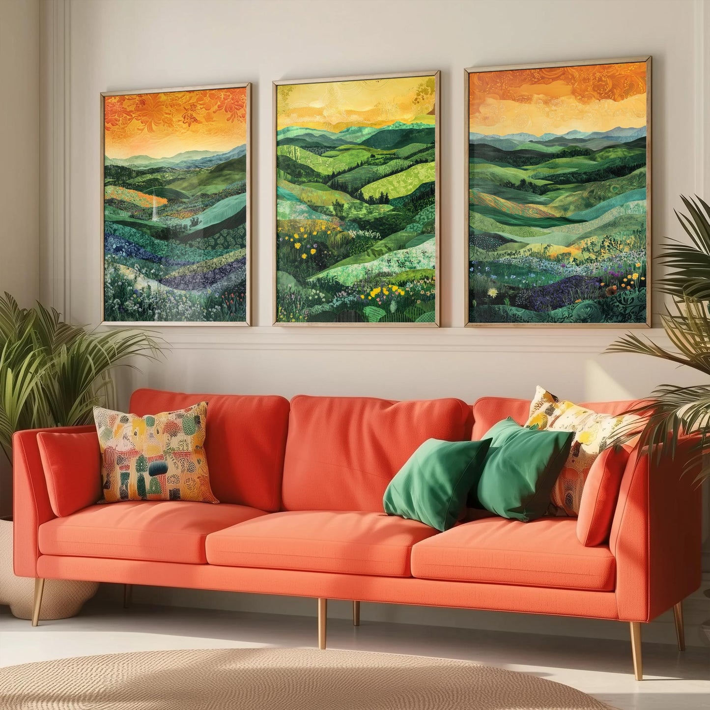 Green Rolling Hills Set of Three Art Prints - Patchwork Meadow Collage - Folk Landscape Poster Illustration Gift