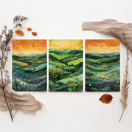 Green Rolling Hills Set of Three Art Prints - Patchwork Meadow Collage - Folk Landscape Poster Illustration Gift
