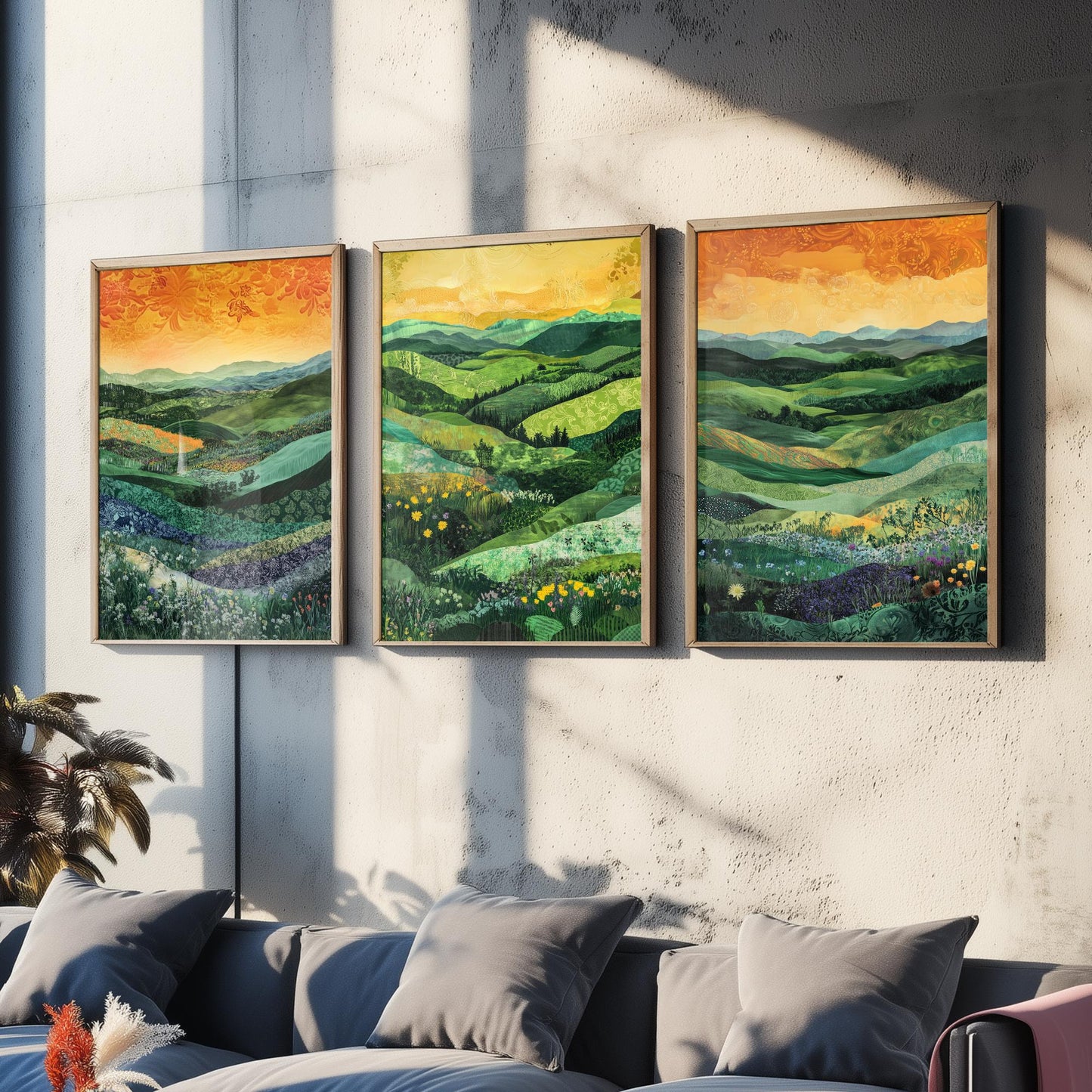 Green Rolling Hills Set of Three Art Prints - Patchwork Meadow Collage - Folk Landscape Poster Illustration Gift