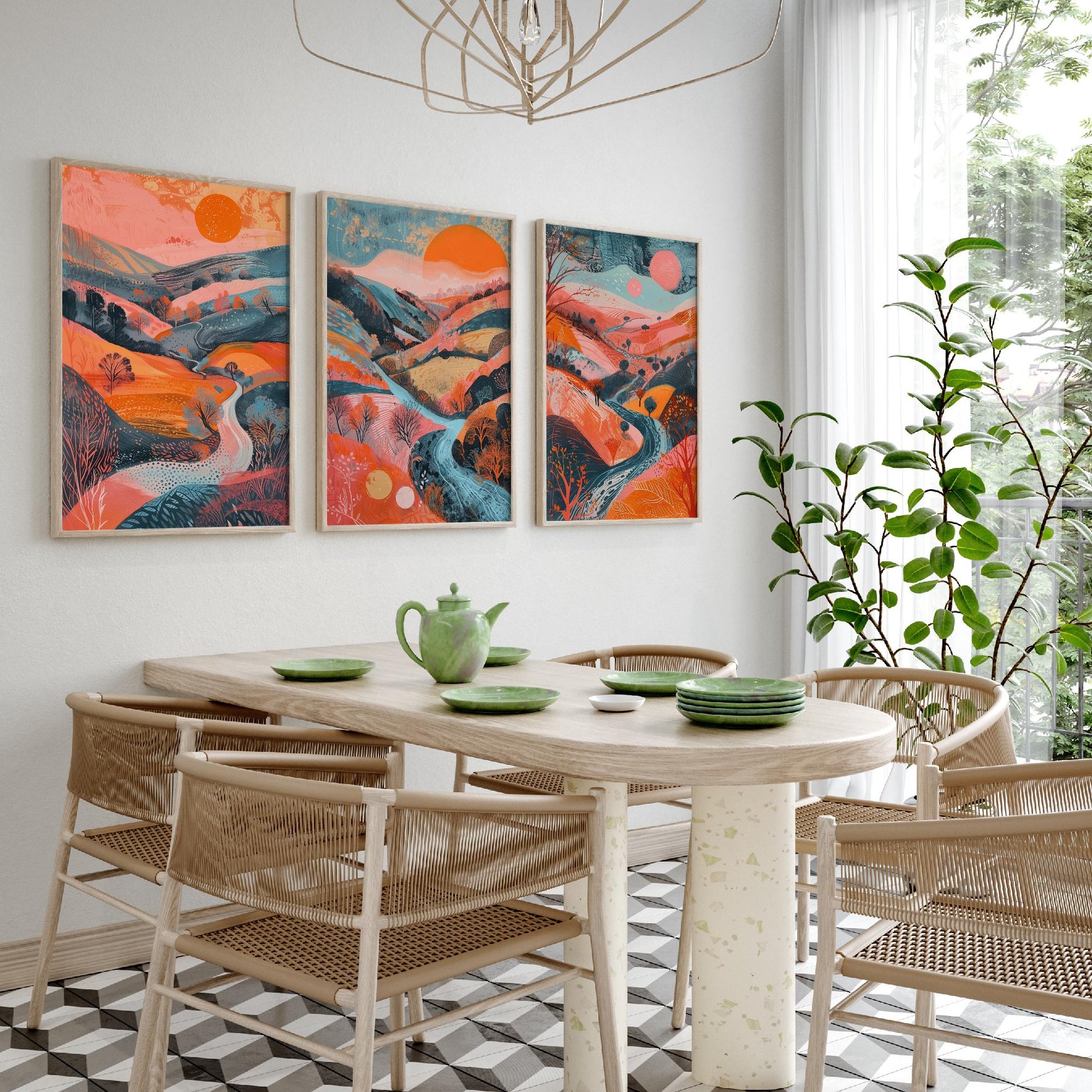 Rolling Hills Set of Three Art Prints - Coral Orange and Blue Sunset - Bold Abstract Landscape Poster Illustration