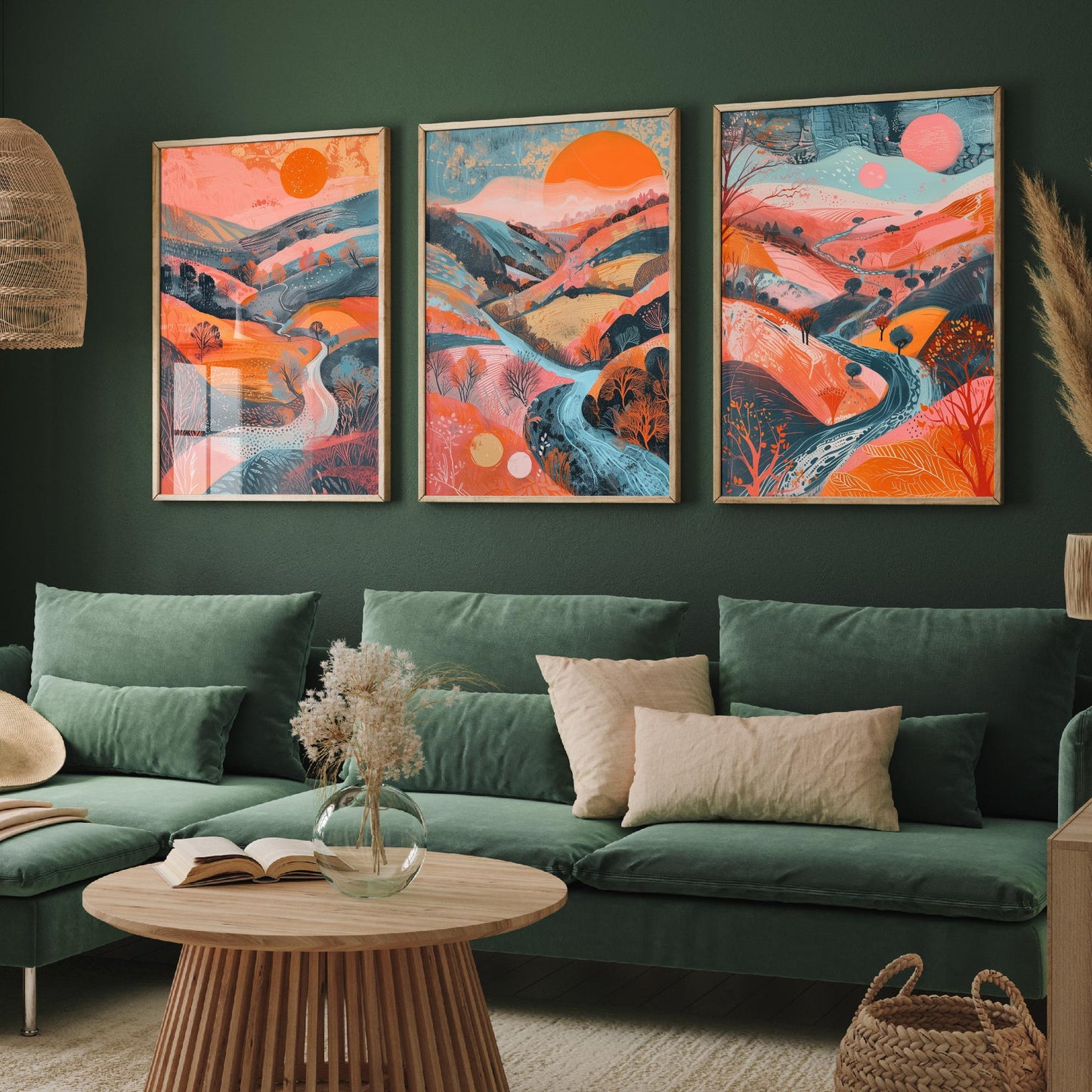 Rolling Hills Set of Three Art Prints - Coral Orange and Blue Sunset - Bold Abstract Landscape Poster Illustration