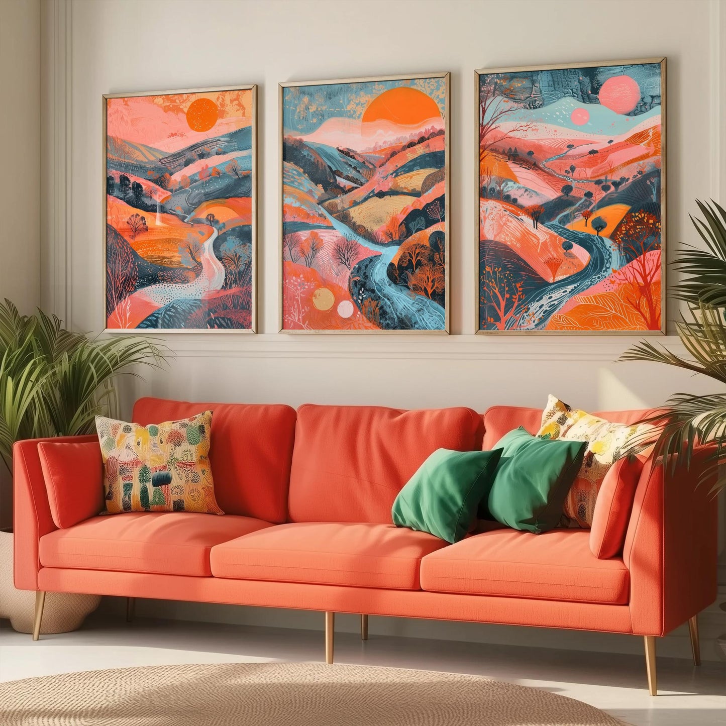 Rolling Hills Set of Three Art Prints - Coral Orange and Blue Sunset - Bold Abstract Landscape Poster Illustration