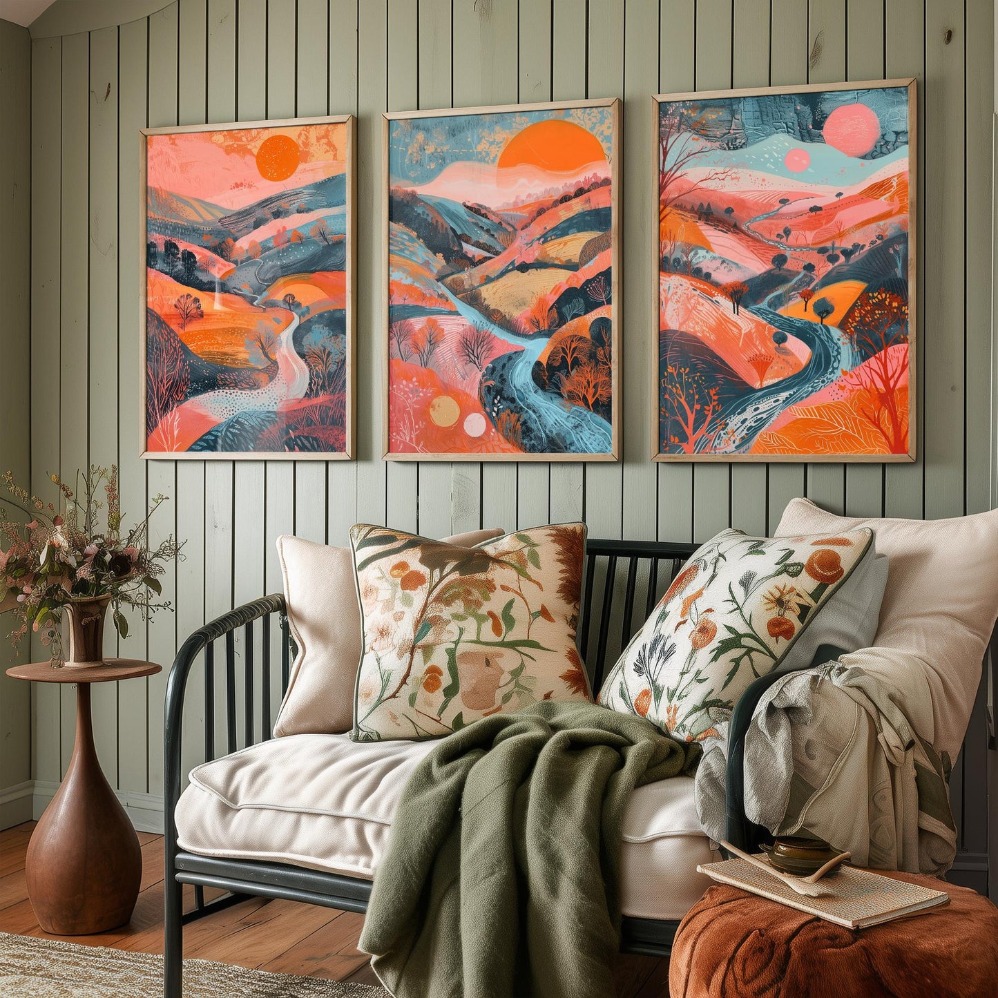 Rolling Hills Set of Three Art Prints - Coral Orange and Blue Sunset - Bold Abstract Landscape Poster Illustration