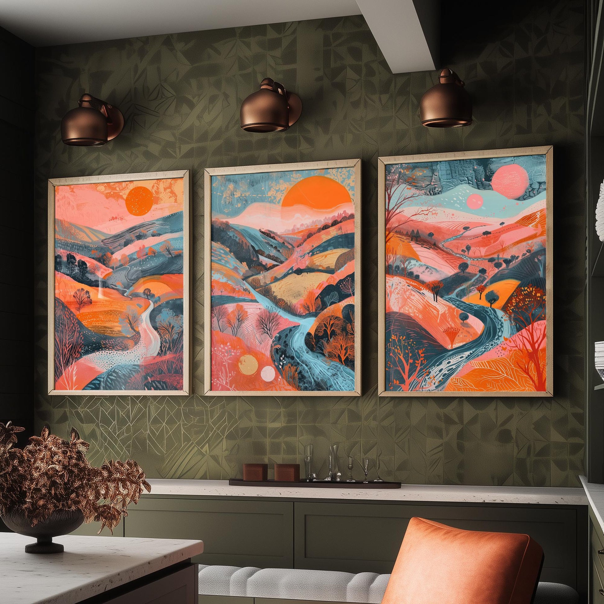 Rolling Hills Set of Three Art Prints - Coral Orange and Blue Sunset - Bold Abstract Landscape Poster Illustration