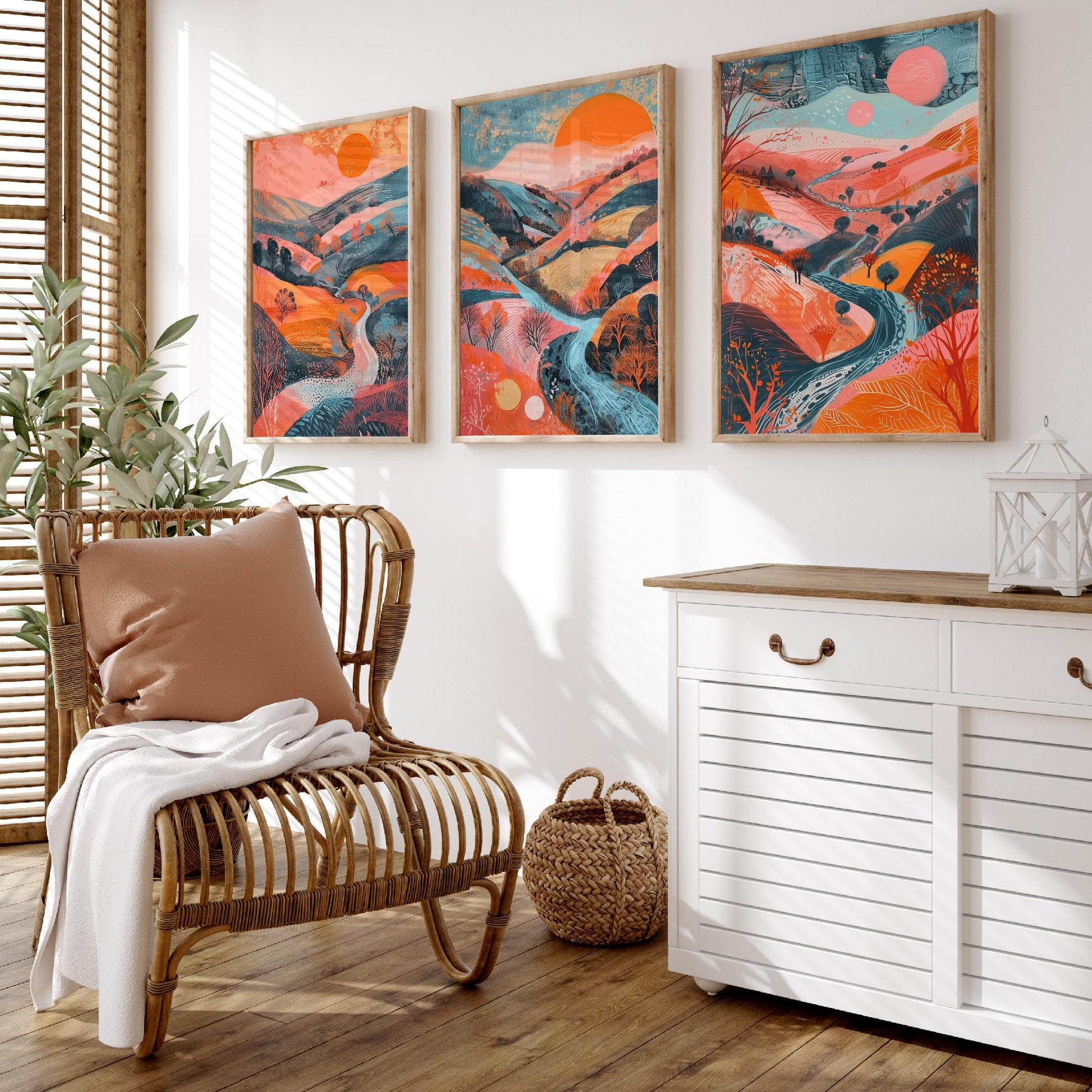 Rolling Hills Set of Three Art Prints - Coral Orange and Blue Sunset - Bold Abstract Landscape Poster Illustration