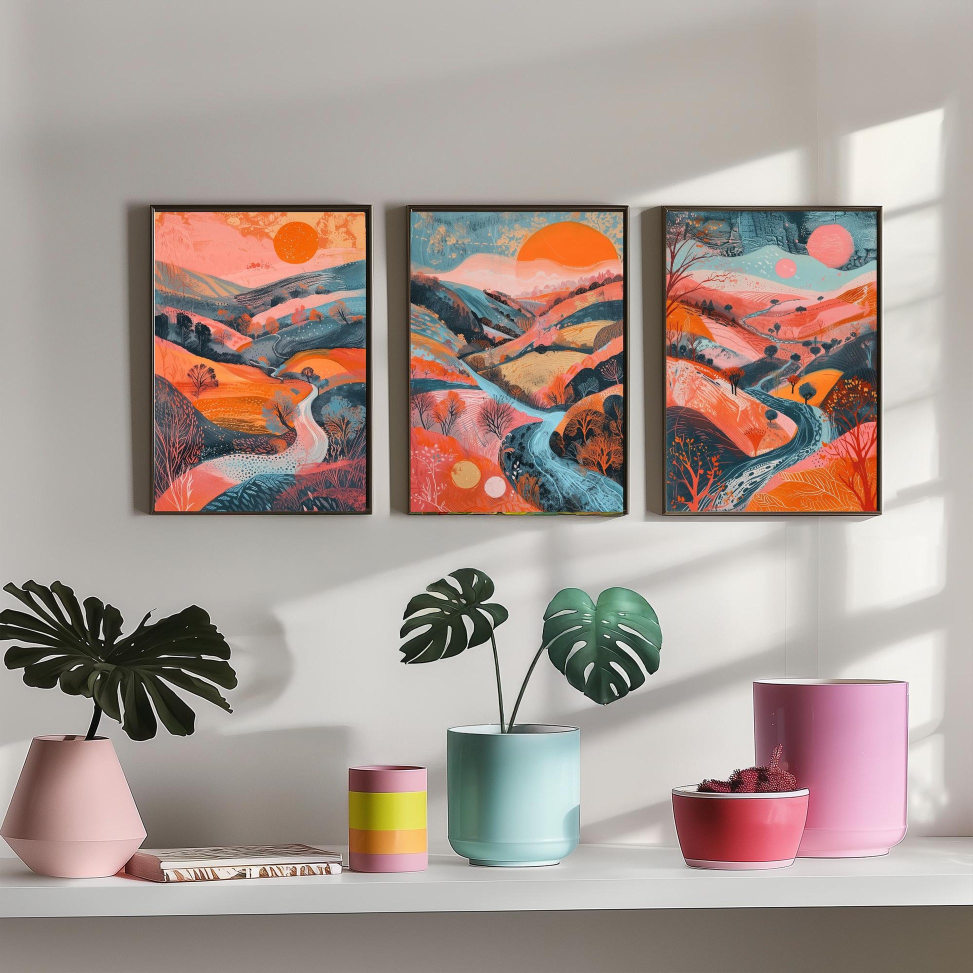 Rolling Hills Set of Three Art Prints - Coral Orange and Blue Sunset - Bold Abstract Landscape Poster Illustration