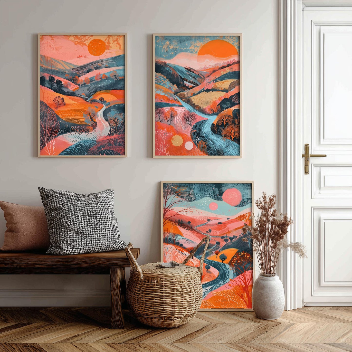Rolling Hills Set of Three Art Prints - Coral Orange and Blue Sunset - Bold Abstract Landscape Poster Illustration