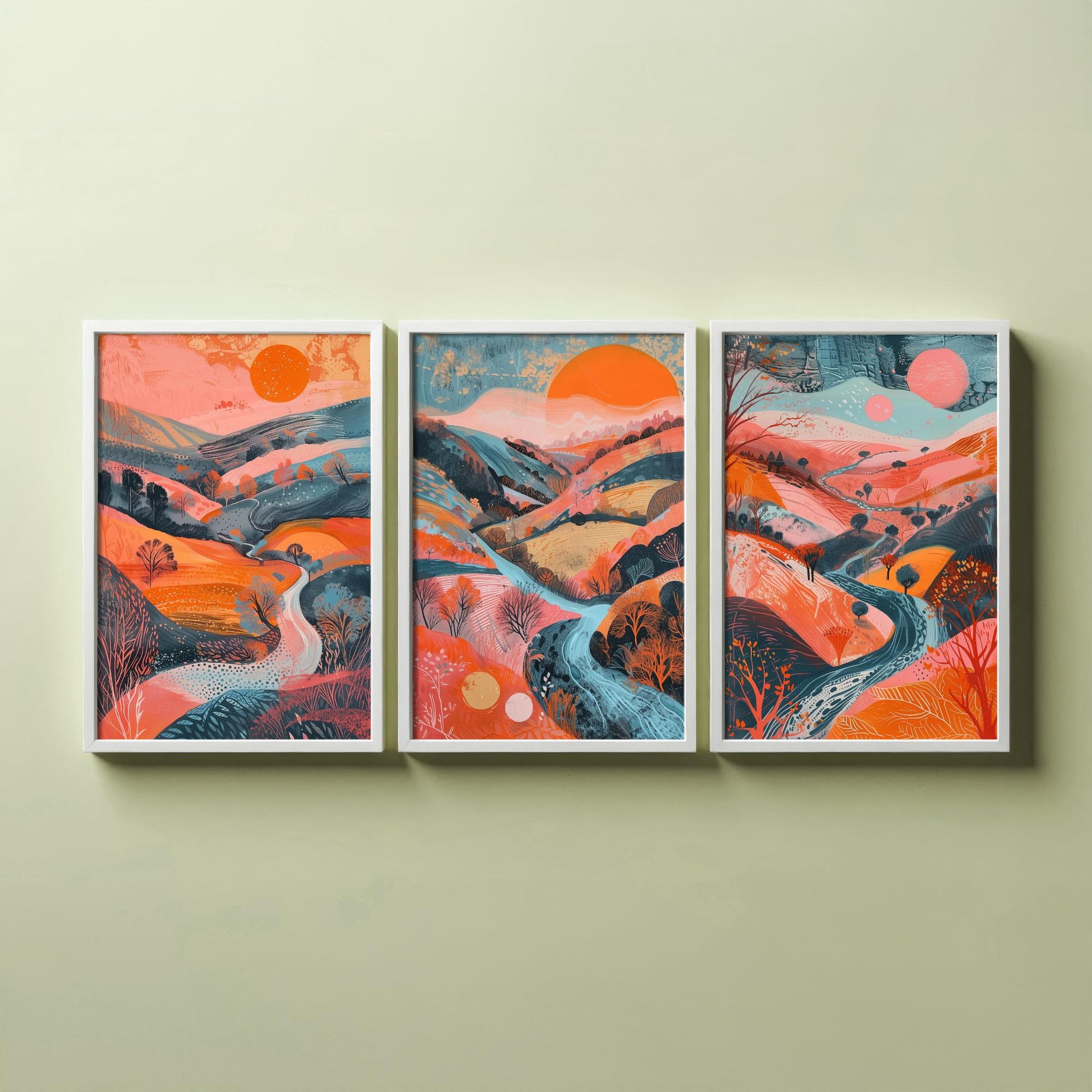 Rolling Hills Set of Three Art Prints - Coral Orange and Blue Sunset - Bold Abstract Landscape Poster Illustration
