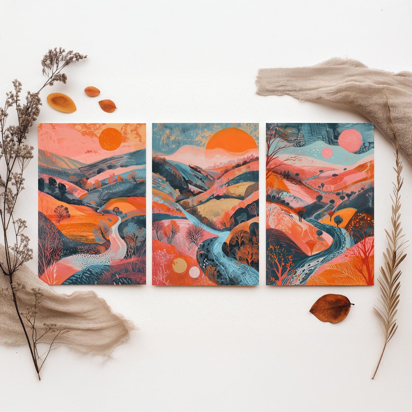 Rolling Hills Set of Three Art Prints - Coral Orange and Blue Sunset - Bold Abstract Landscape Poster Illustration