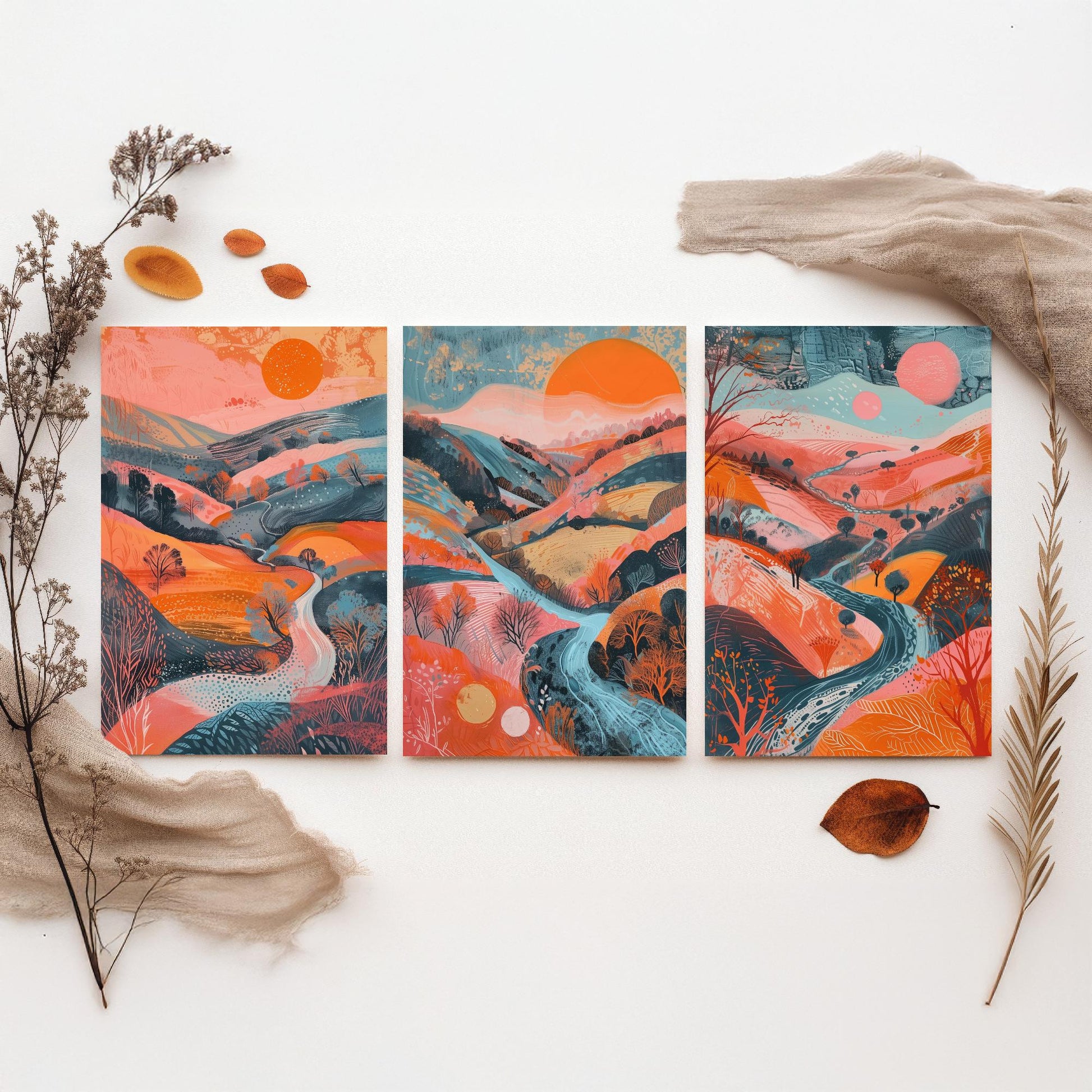 Rolling Hills Set of Three Art Prints - Coral Orange and Blue Sunset - Bold Abstract Landscape Poster Illustration