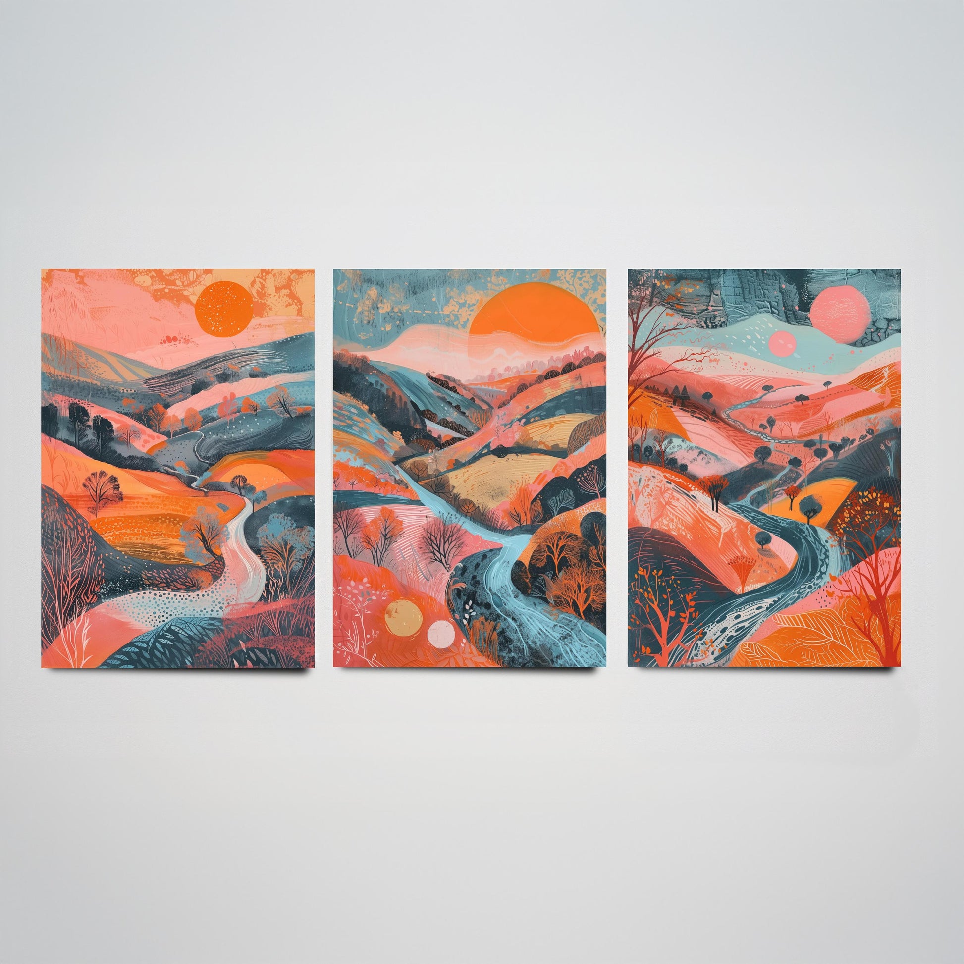Rolling Hills Set of Three Art Prints - Coral Orange and Blue Sunset - Bold Abstract Landscape Poster Illustration