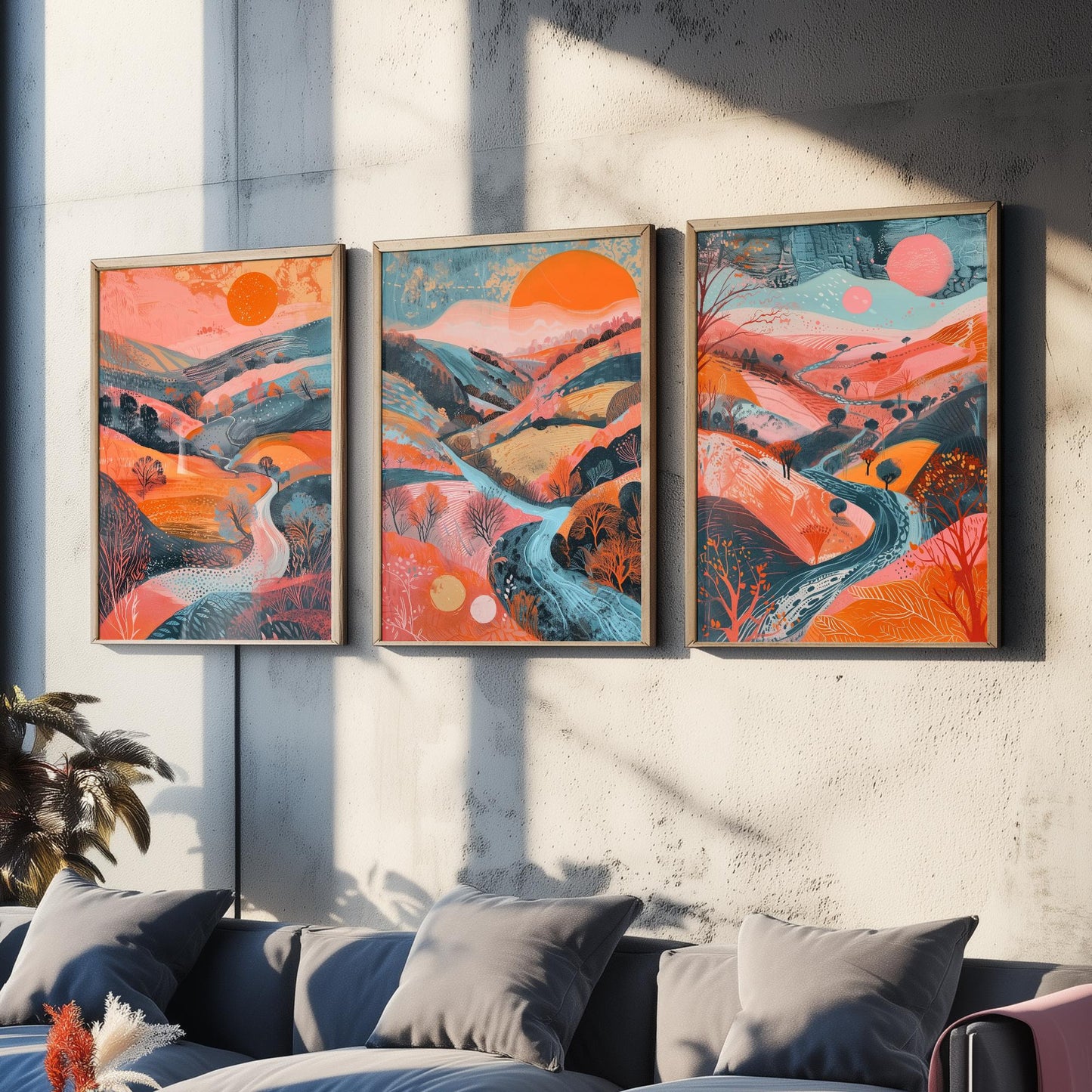 Rolling Hills Set of Three Art Prints - Coral Orange and Blue Sunset - Bold Abstract Landscape Poster Illustration