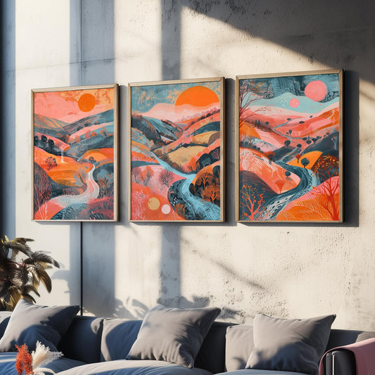 Rolling Hills Set of Three Art Prints - Coral Orange and Blue Sunset - Bold Abstract Landscape Poster Illustration