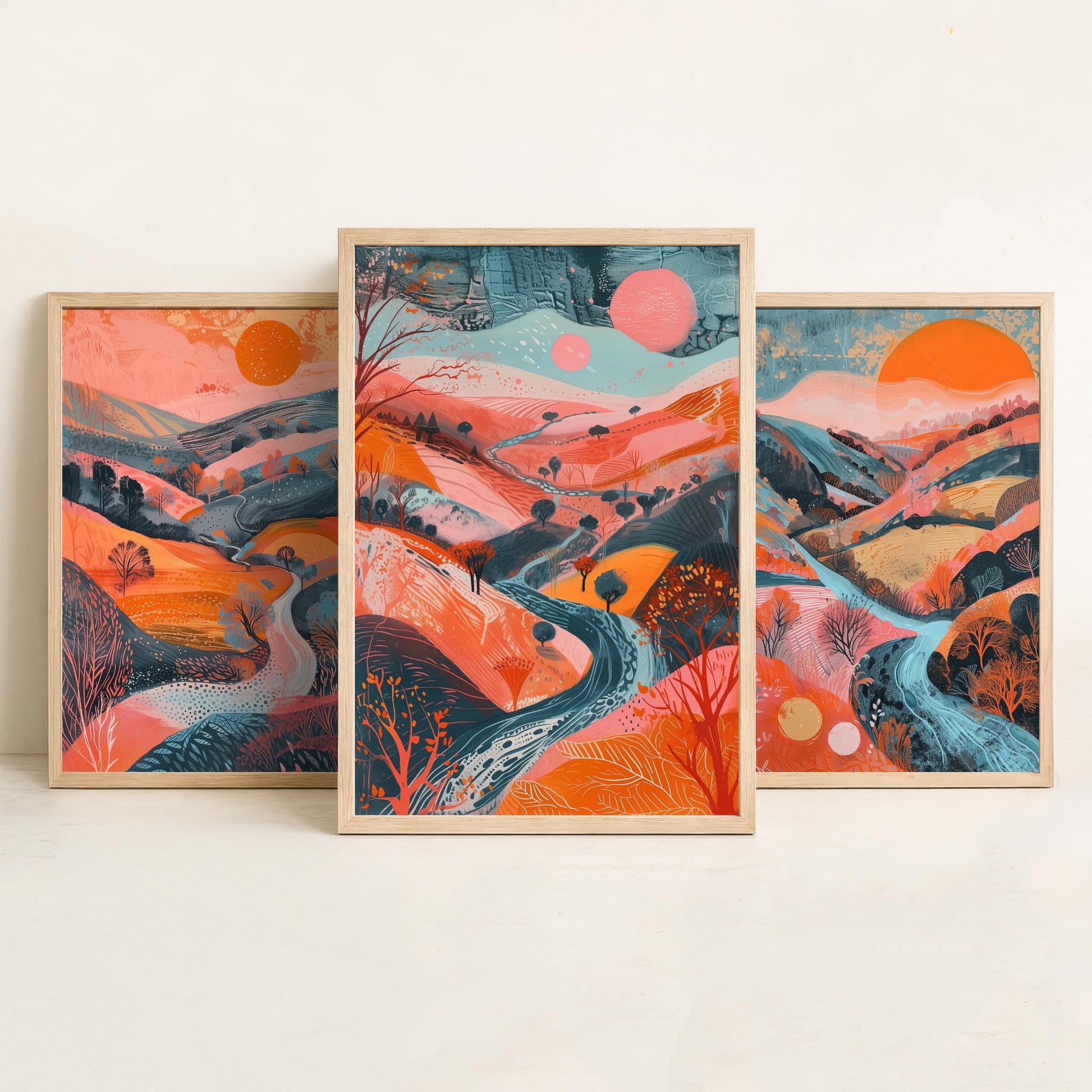 Rolling Hills Set of Three Art Prints - Coral Orange and Blue Sunset - Bold Abstract Landscape Poster Illustration