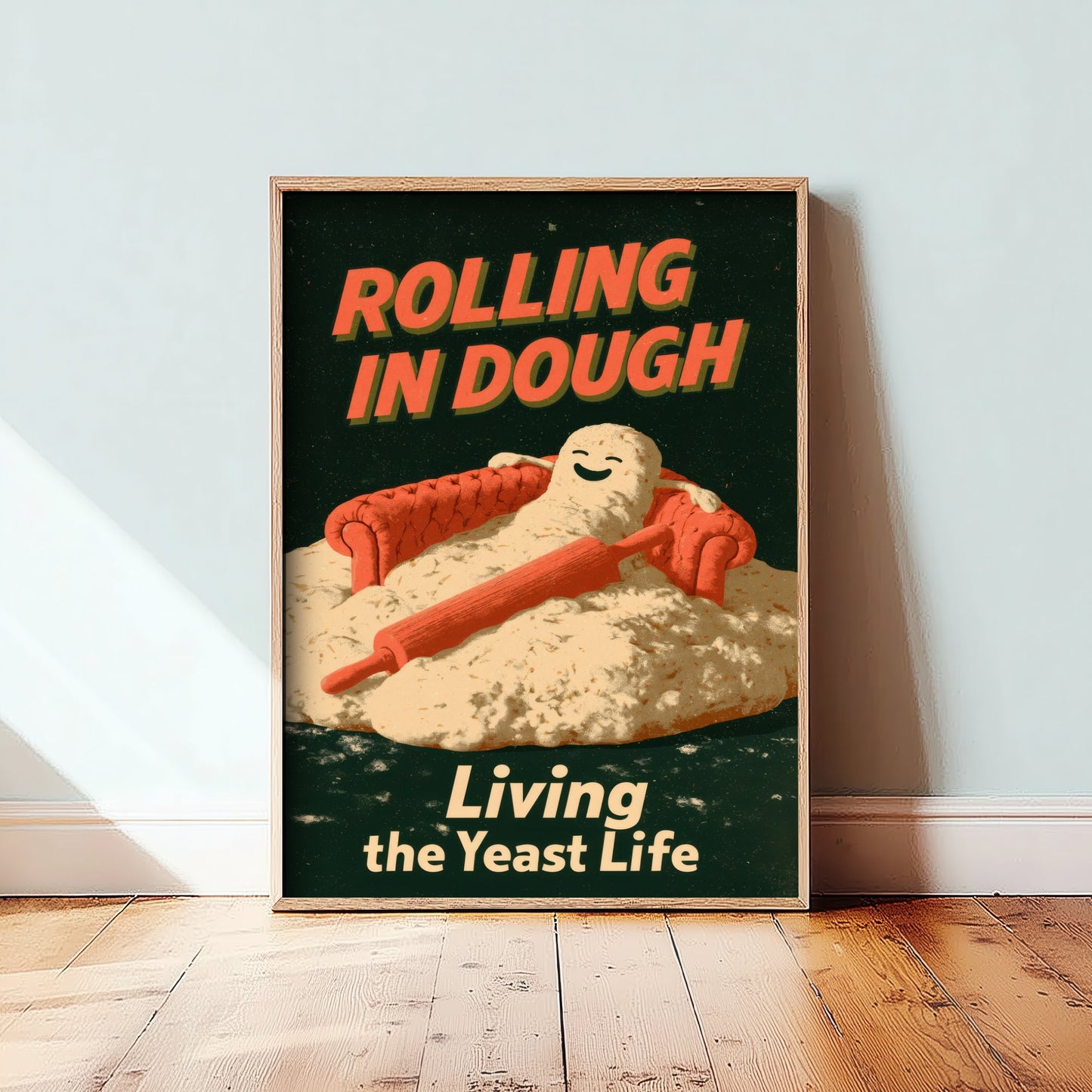 Rolling in Dough Art Print - Funny Bread Dough on a Sofa Poster - Living the Yeast Life - Retro Baking Pun Illustration V1