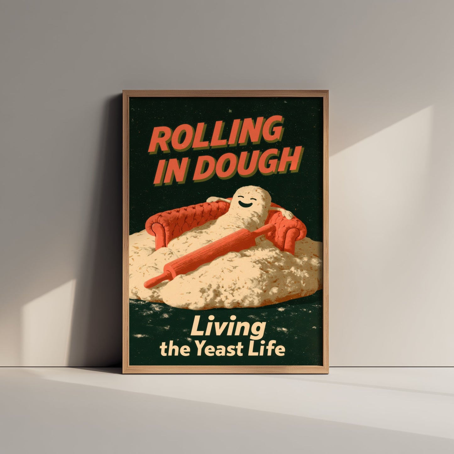Rolling in Dough Art Print - Funny Bread Dough on a Sofa Poster - Living the Yeast Life - Retro Baking Pun Illustration V1