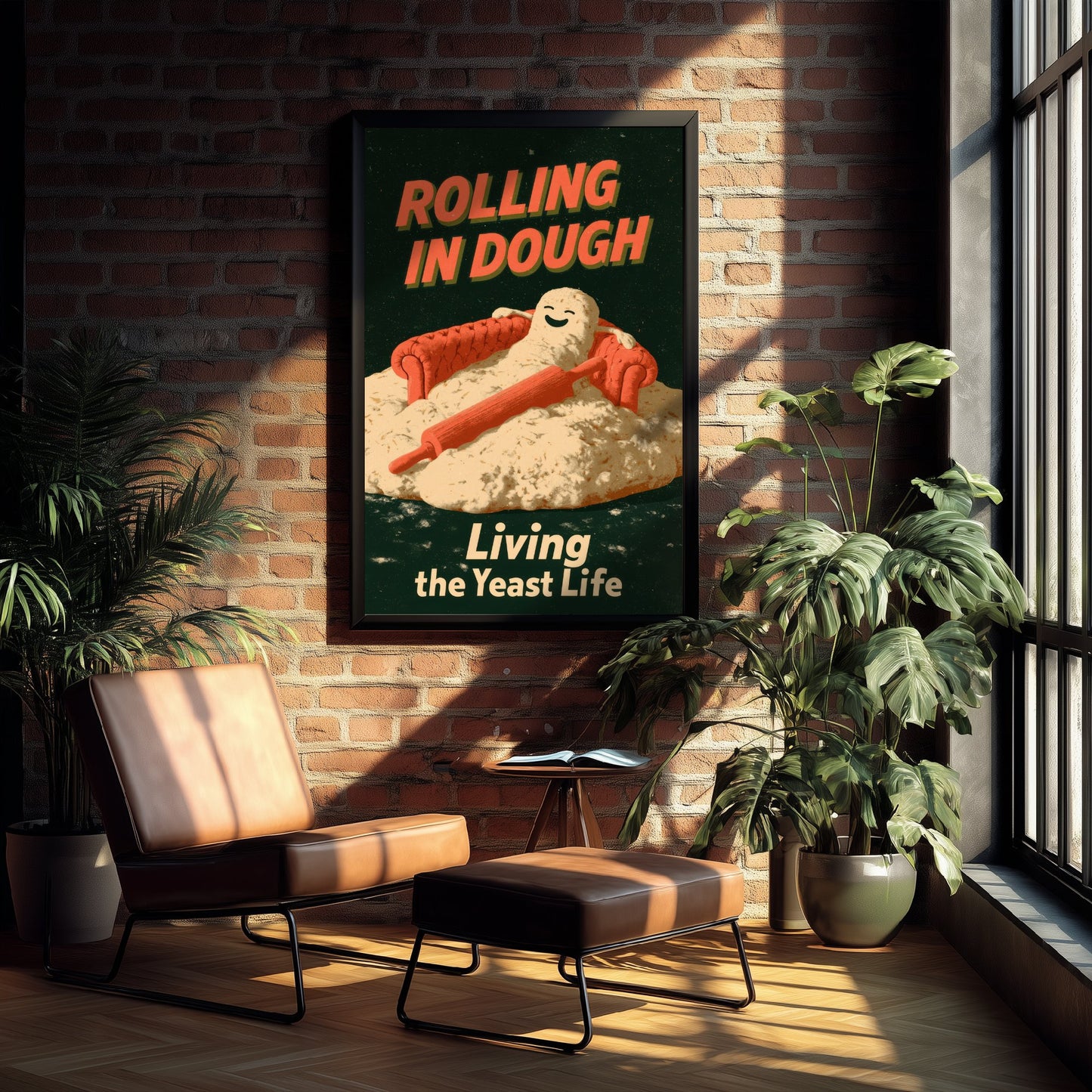 Rolling in Dough Art Print - Funny Bread Dough on a Sofa Poster - Living the Yeast Life - Retro Baking Pun Illustration V1