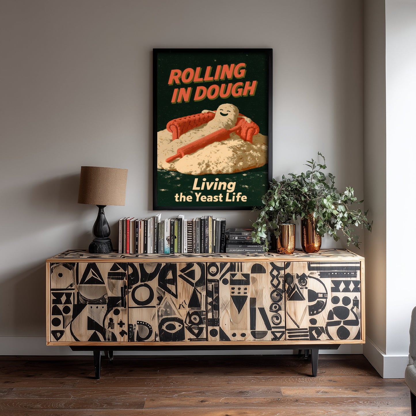Rolling in Dough Art Print - Funny Bread Dough on a Sofa Poster - Living the Yeast Life - Retro Baking Pun Illustration V1