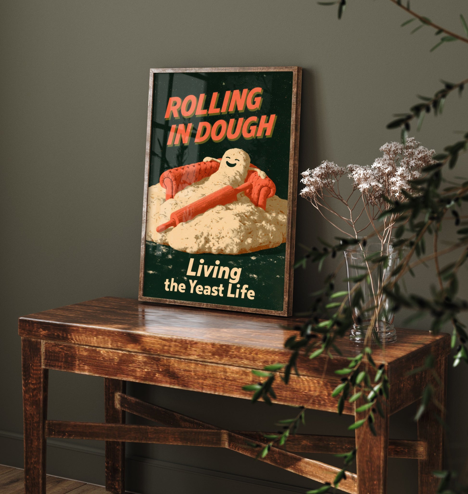 Rolling in Dough Art Print - Funny Bread Dough on a Sofa Poster - Living the Yeast Life - Retro Baking Pun Illustration V1