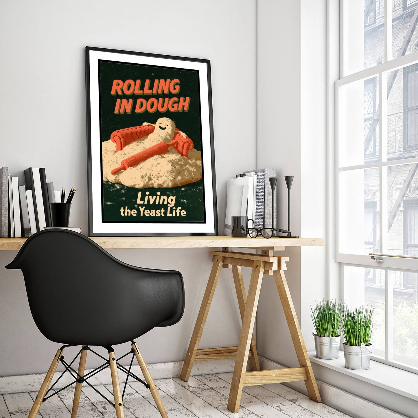 Rolling in Dough Art Print - Funny Bread Dough on a Sofa Poster - Living the Yeast Life - Retro Baking Pun Illustration V1