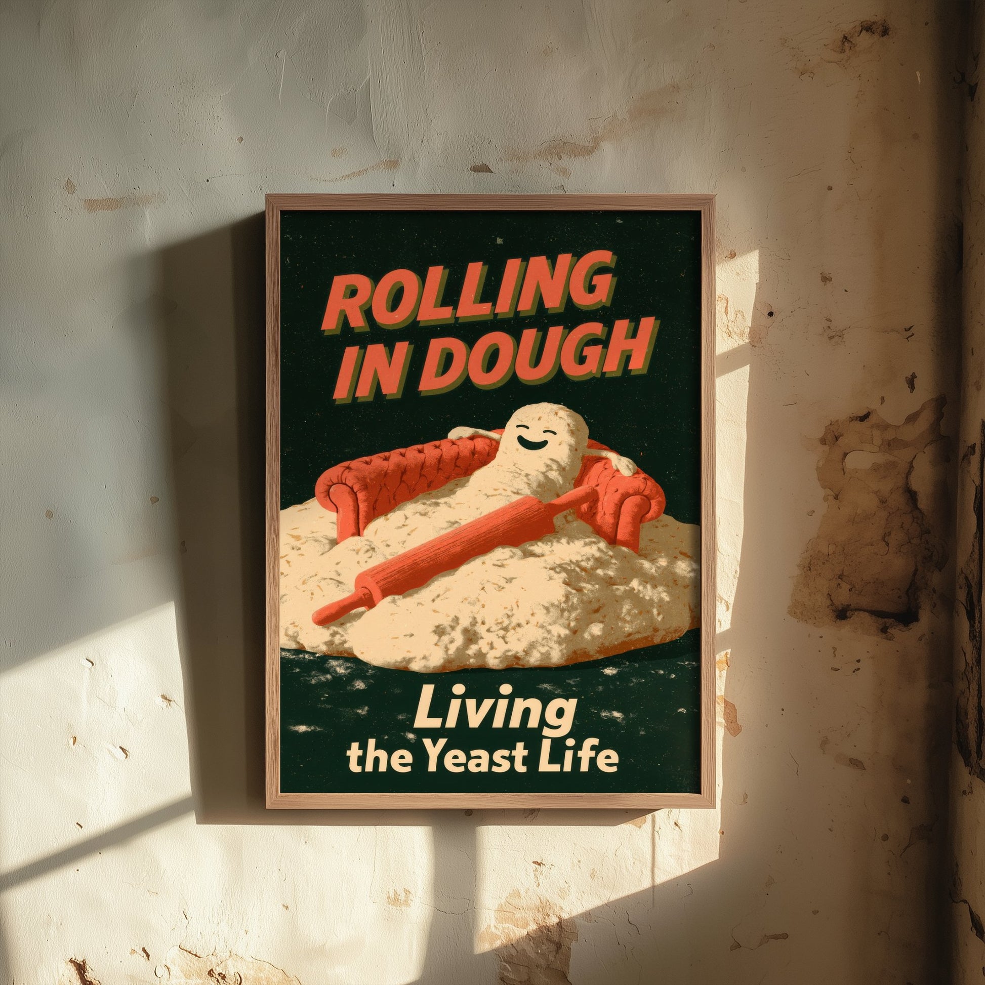 Rolling in Dough Art Print - Funny Bread Dough on a Sofa Poster - Living the Yeast Life - Retro Baking Pun Illustration V1