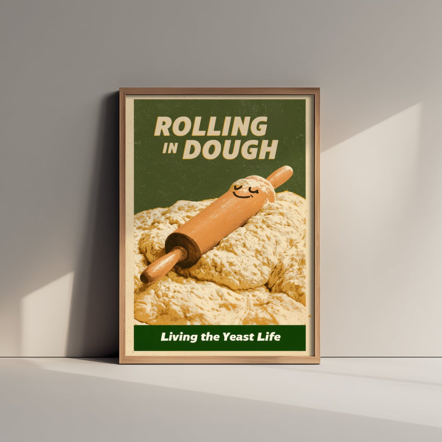 Rolling in Dough Poster - Happy Rolling Pin in Bread Dough Art Print - Living the Yeast Life - Vintage Advert Style Baker Illustration V2