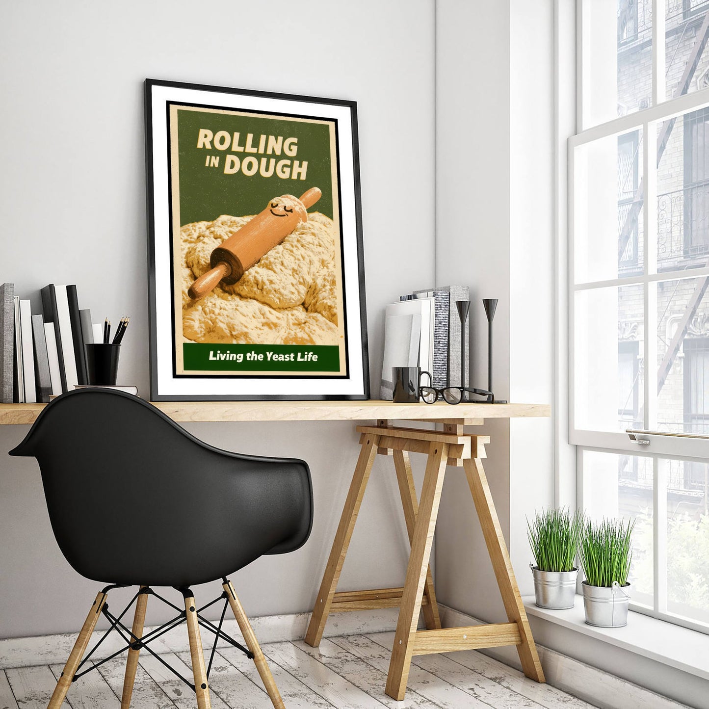 Rolling in Dough Poster - Happy Rolling Pin in Bread Dough Art Print - Living the Yeast Life - Vintage Advert Style Baker Illustration V2