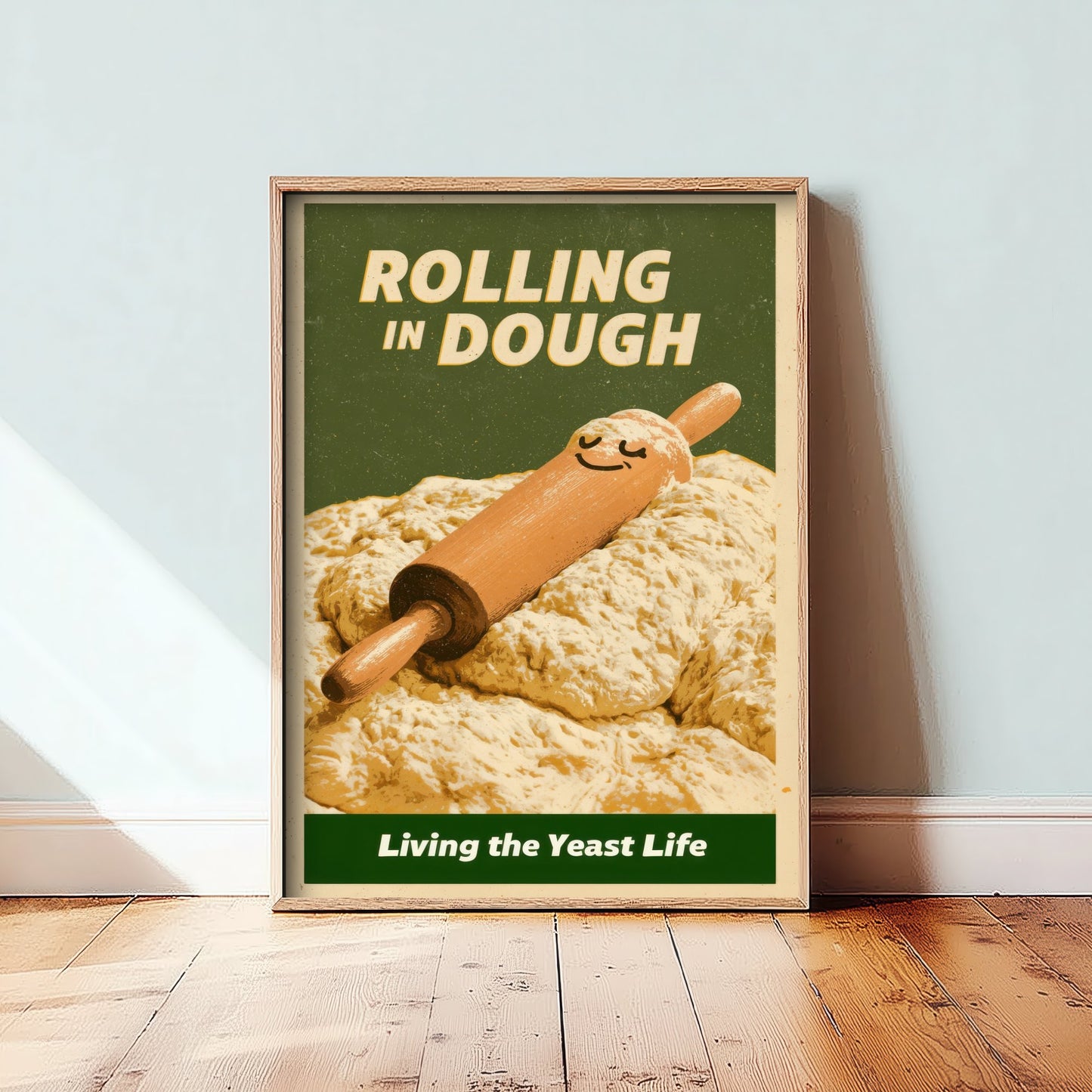 Rolling in Dough Poster - Happy Rolling Pin in Bread Dough Art Print - Living the Yeast Life - Vintage Advert Style Baker Illustration V2