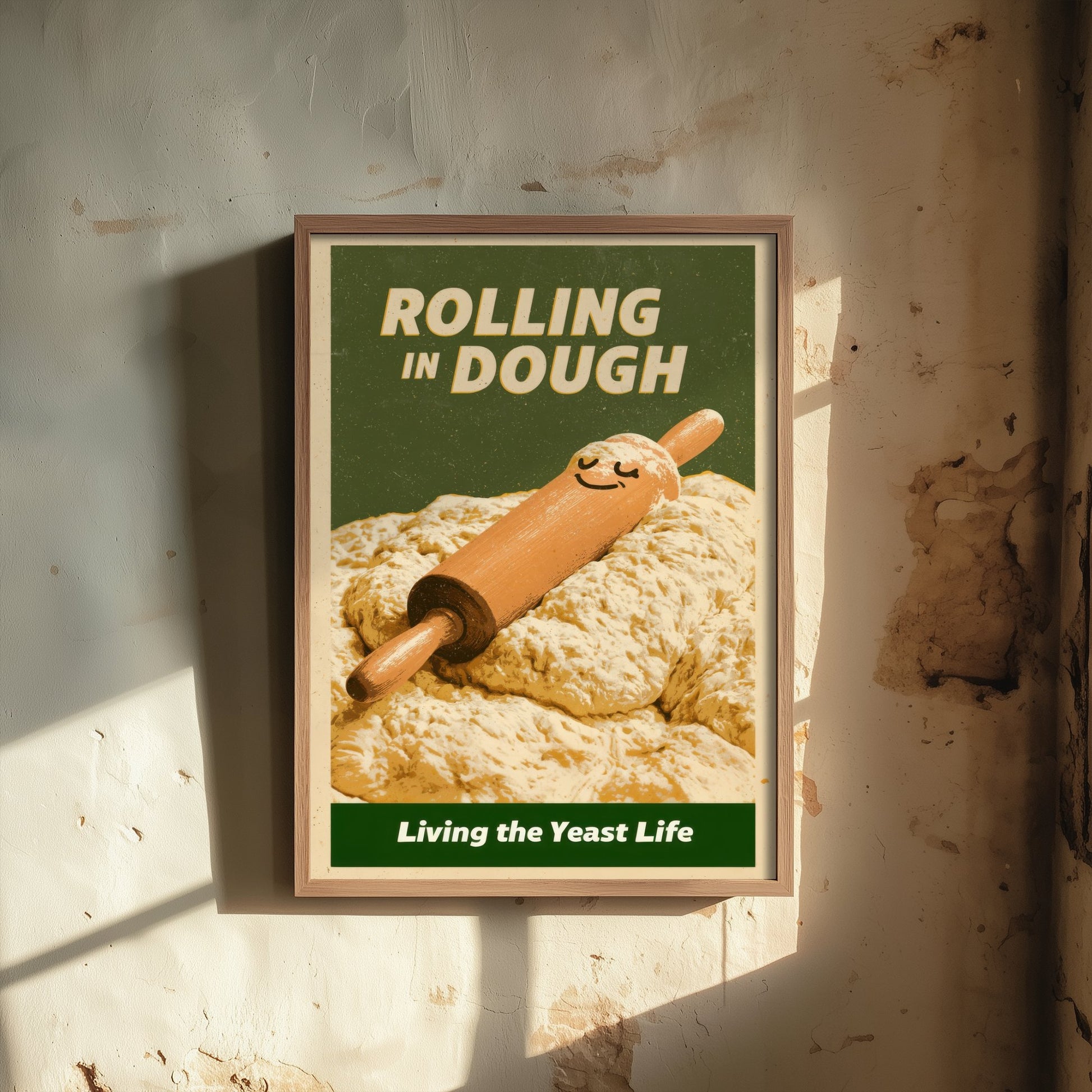 Rolling in Dough Poster - Happy Rolling Pin in Bread Dough Art Print - Living the Yeast Life - Vintage Advert Style Baker Illustration V2
