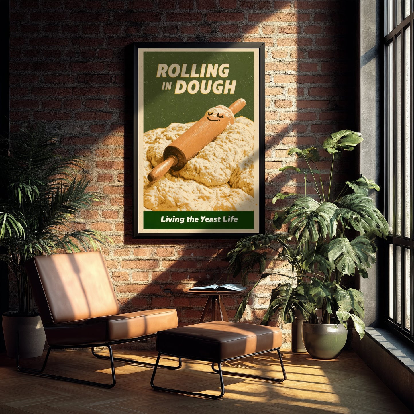 Rolling in Dough Poster - Happy Rolling Pin in Bread Dough Art Print - Living the Yeast Life - Vintage Advert Style Baker Illustration V2