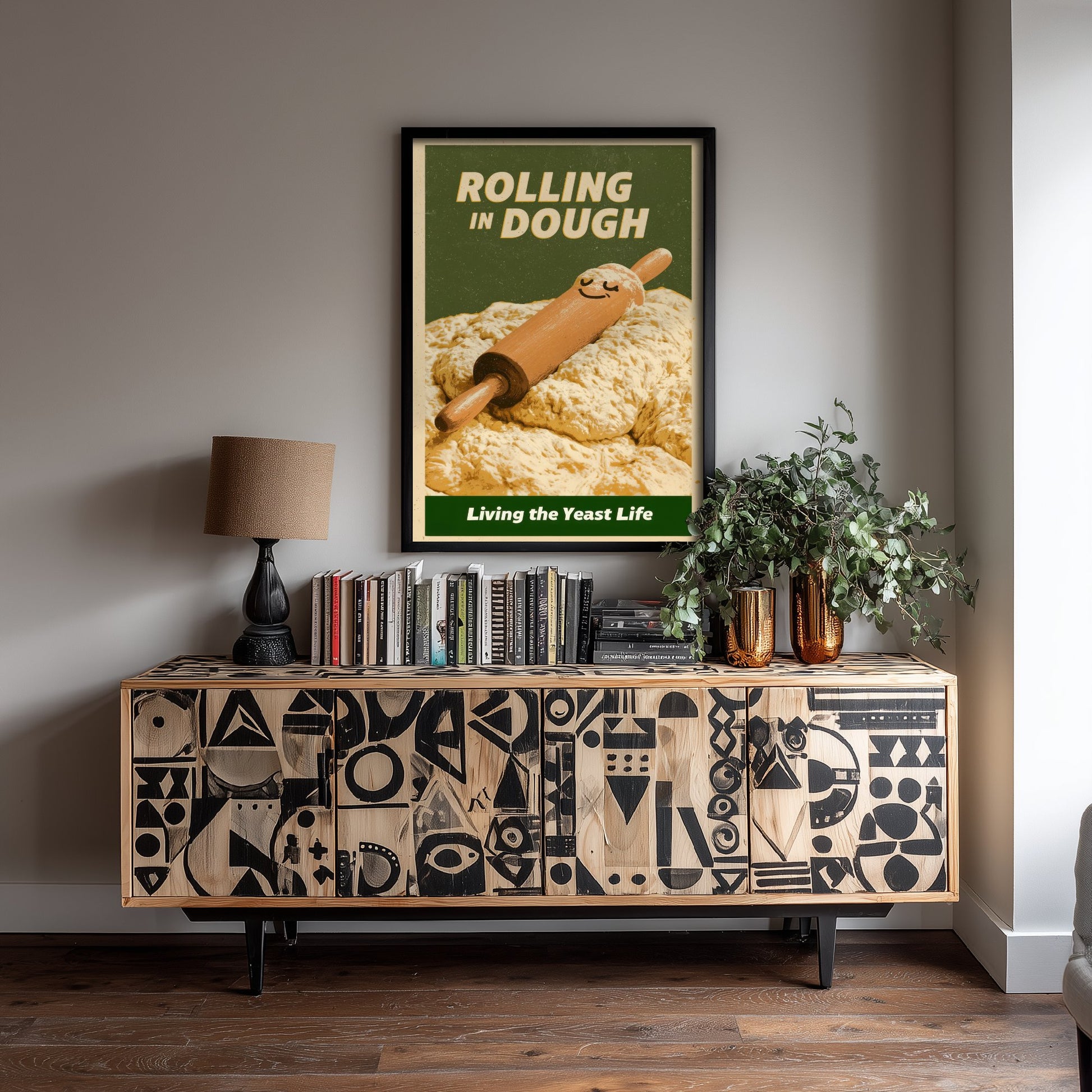 Rolling in Dough Poster - Happy Rolling Pin in Bread Dough Art Print - Living the Yeast Life - Vintage Advert Style Baker Illustration V2