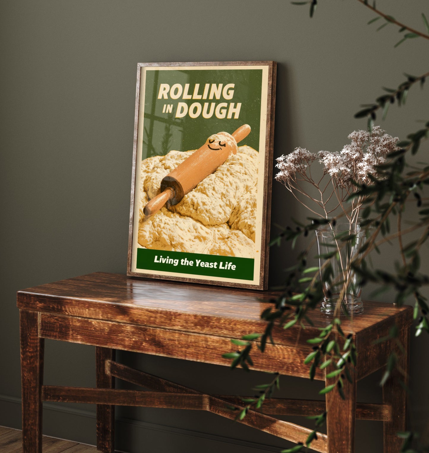 Rolling in Dough Poster - Happy Rolling Pin in Bread Dough Art Print - Living the Yeast Life - Vintage Advert Style Baker Illustration V2