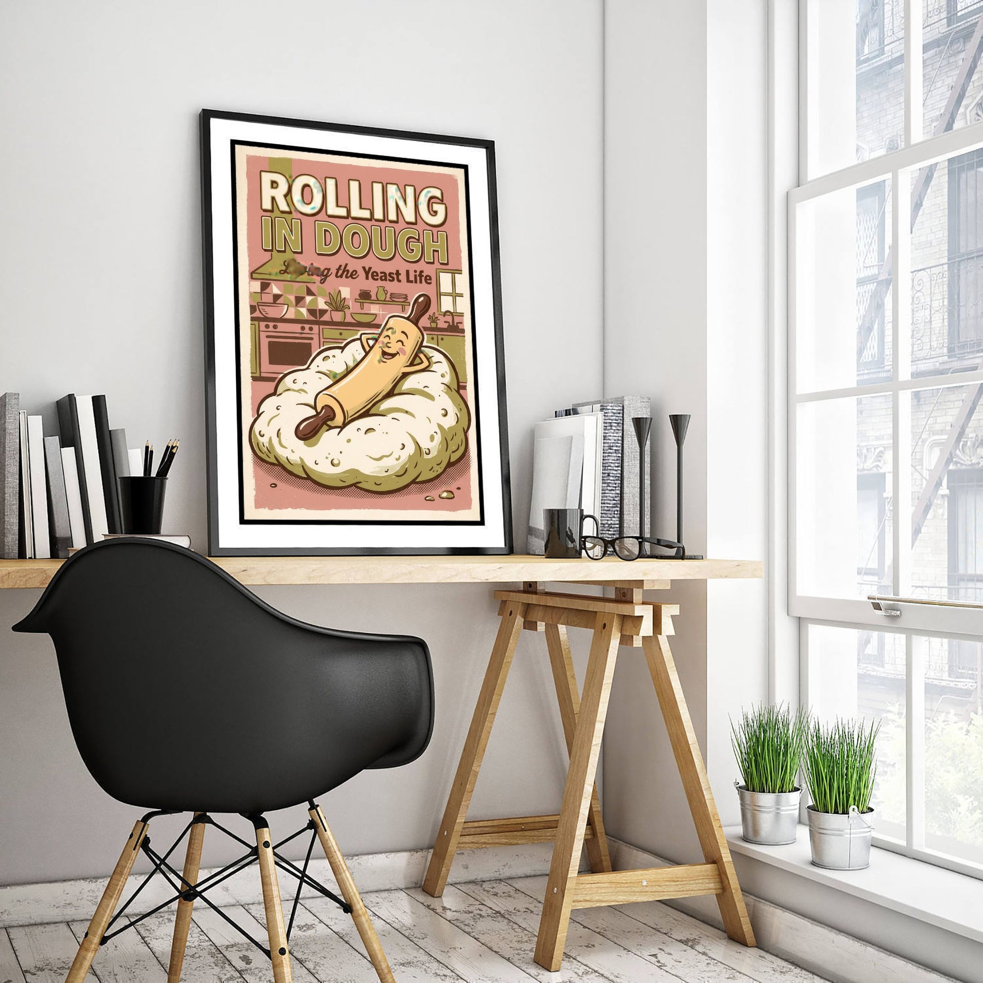 Rolling in Dough Kitchen Art Print - Cartoon Rolling Pin Relaxing Poster - Pink Retro Comic Baking Illustration - Yeast Life Decor V3