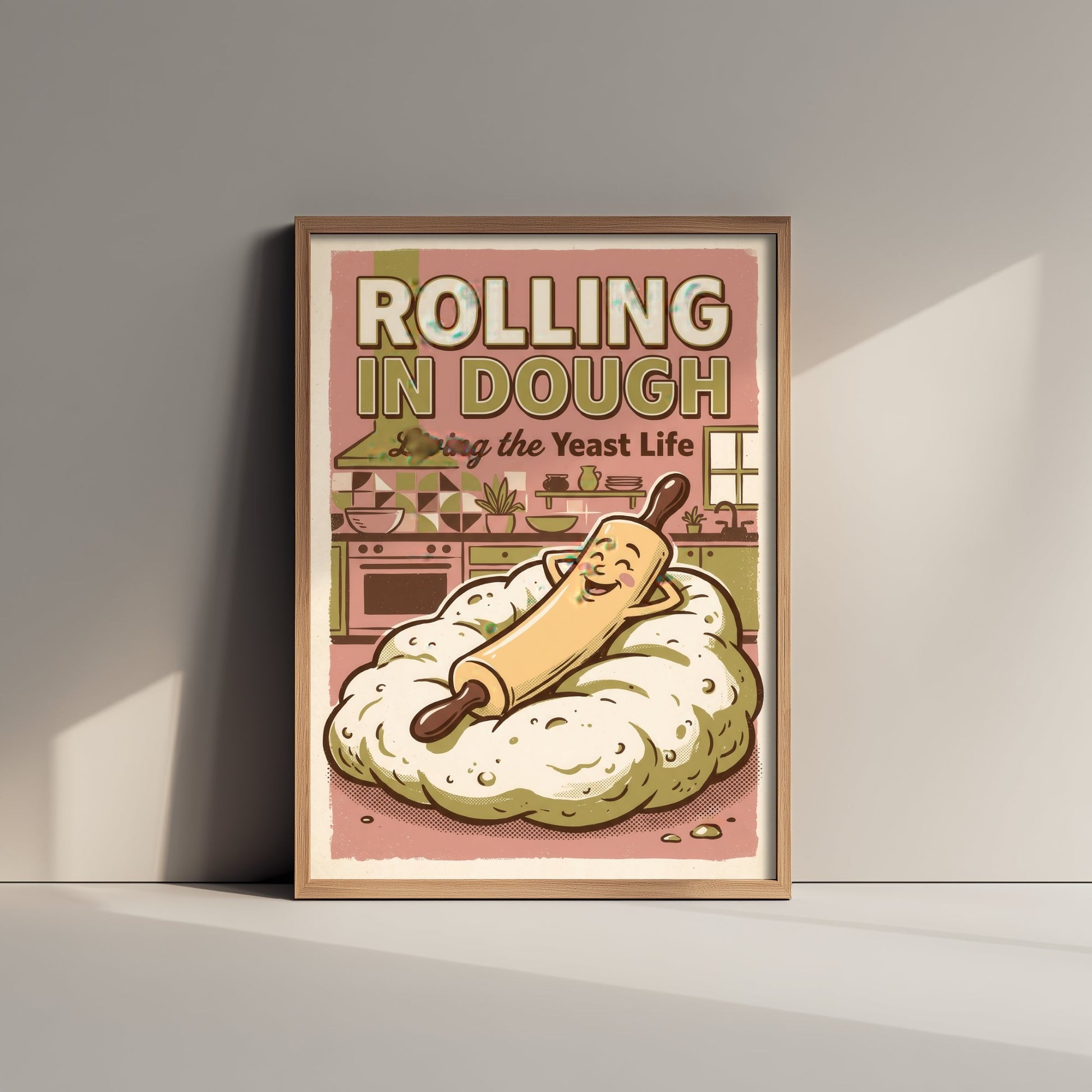Rolling in Dough Kitchen Art Print - Cartoon Rolling Pin Relaxing Poster - Pink Retro Comic Baking Illustration - Yeast Life Decor V3