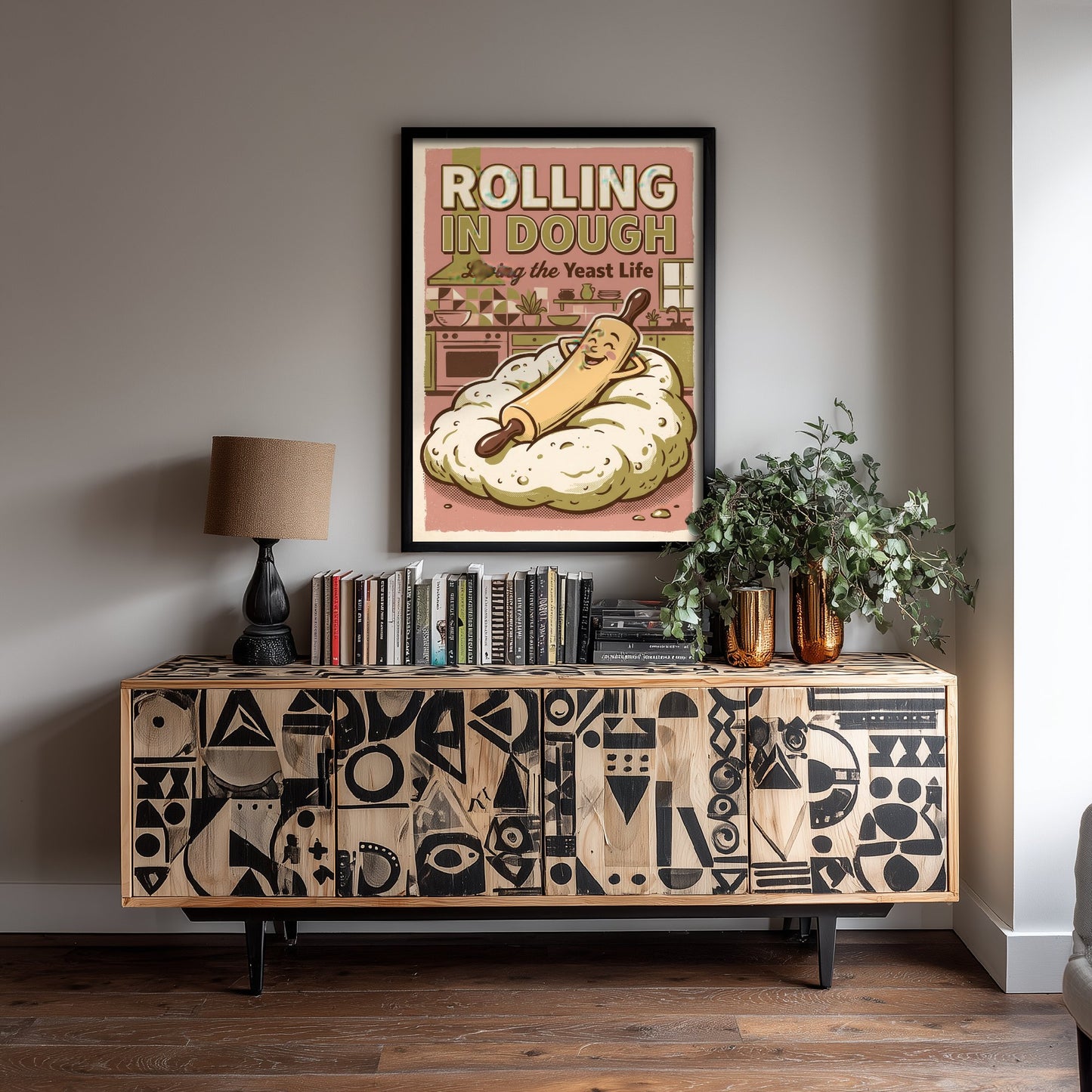Rolling in Dough Kitchen Art Print - Cartoon Rolling Pin Relaxing Poster - Pink Retro Comic Baking Illustration - Yeast Life Decor V3