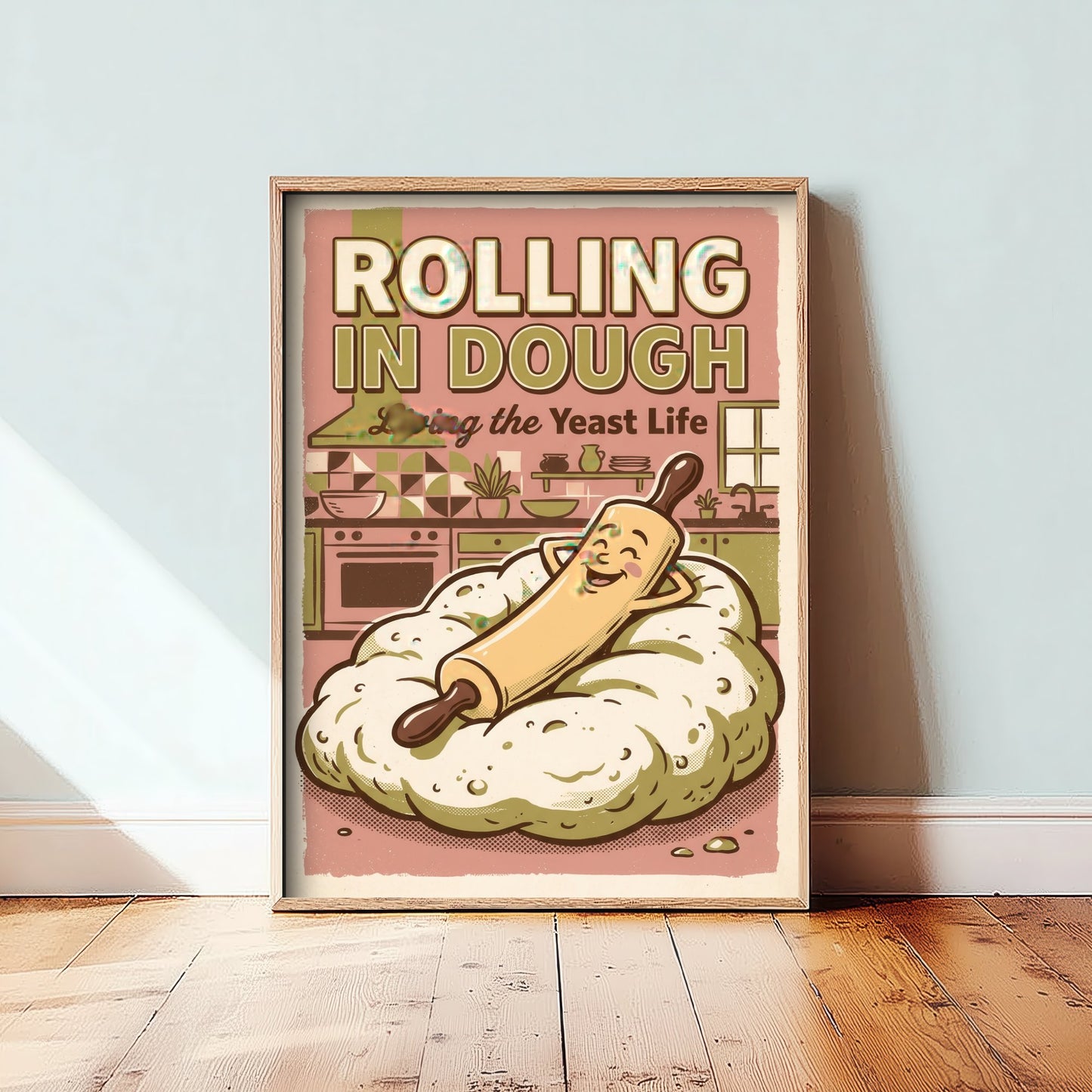 Rolling in Dough Kitchen Art Print - Cartoon Rolling Pin Relaxing Poster - Pink Retro Comic Baking Illustration - Yeast Life Decor V3