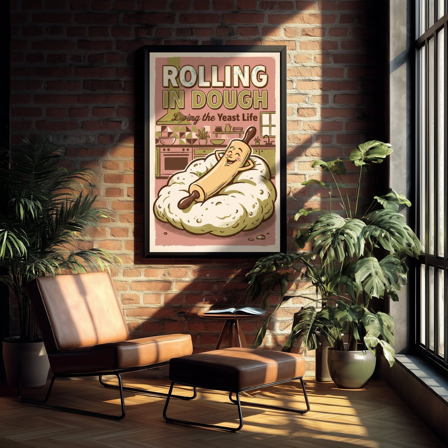 Rolling in Dough Kitchen Art Print - Cartoon Rolling Pin Relaxing Poster - Pink Retro Comic Baking Illustration - Yeast Life Decor V3
