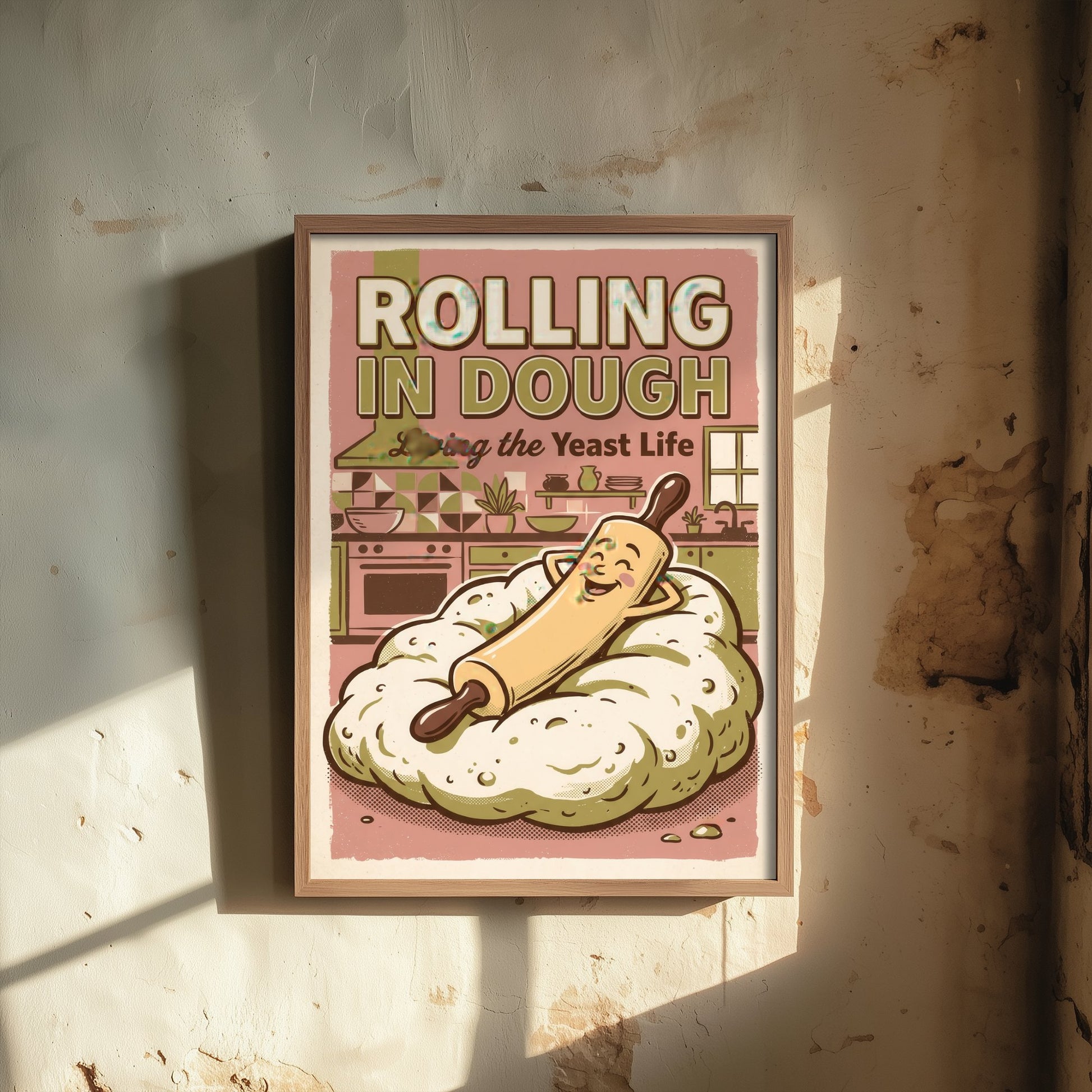 Rolling in Dough Kitchen Art Print - Cartoon Rolling Pin Relaxing Poster - Pink Retro Comic Baking Illustration - Yeast Life Decor V3