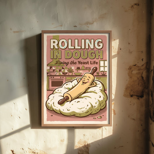 Rolling in Dough Kitchen Art Print - Cartoon Rolling Pin Relaxing Poster - Pink Retro Comic Baking Illustration - Yeast Life Decor V3