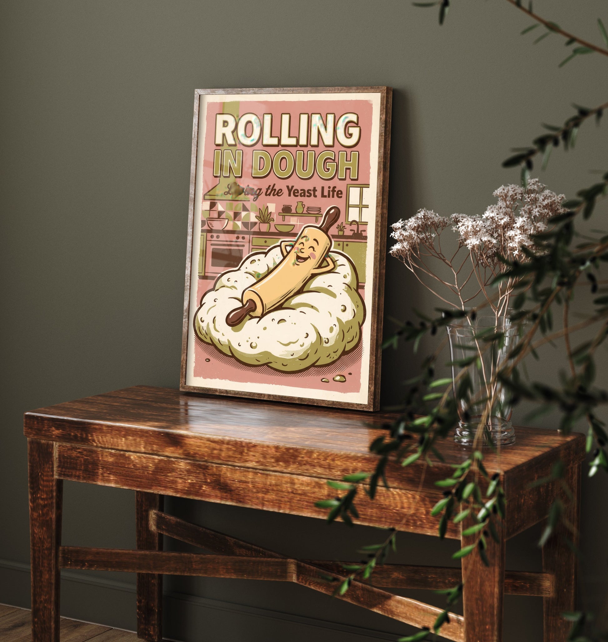 Rolling in Dough Kitchen Art Print - Cartoon Rolling Pin Relaxing Poster - Pink Retro Comic Baking Illustration - Yeast Life Decor V3